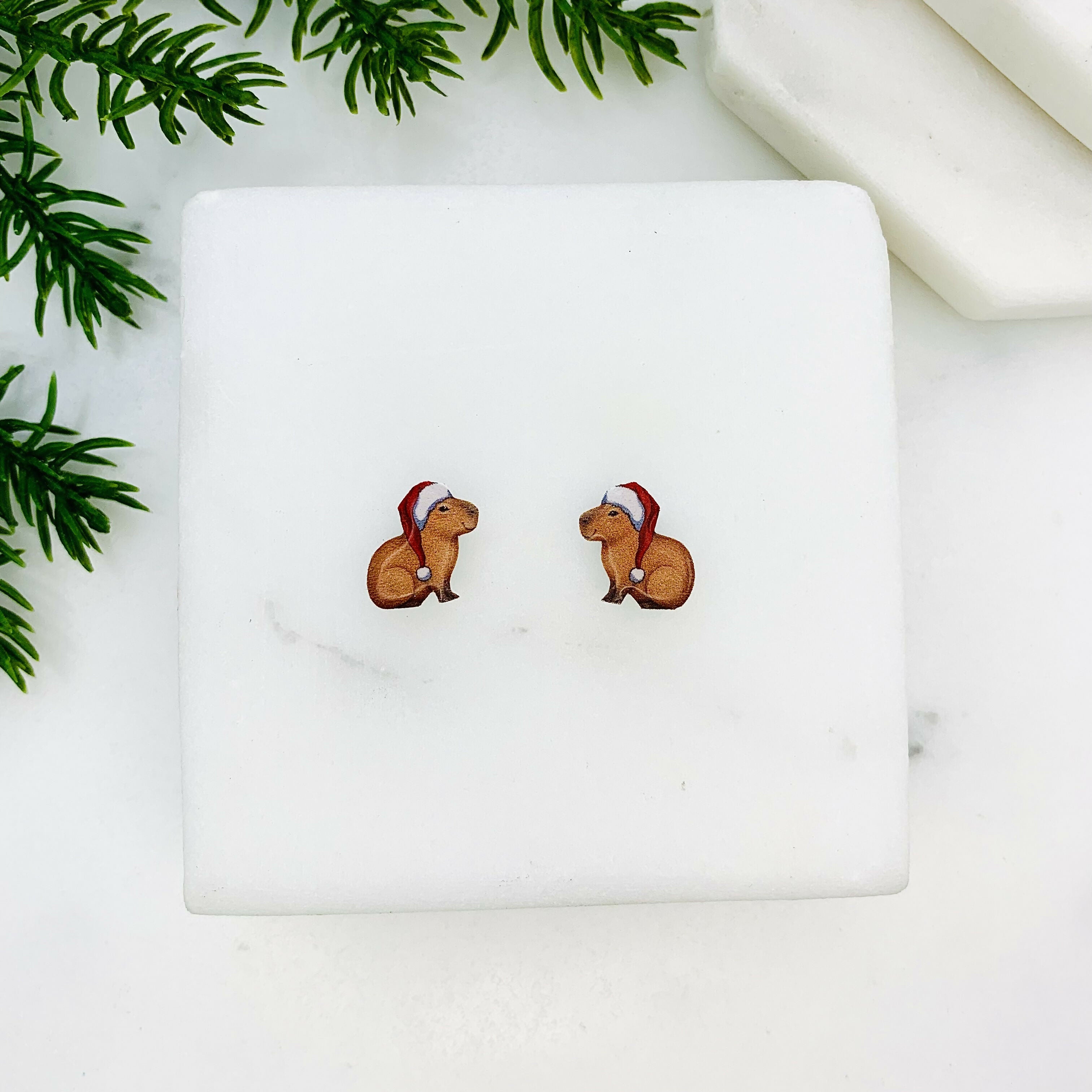 Capybara In Santa Hat Stud Earrings