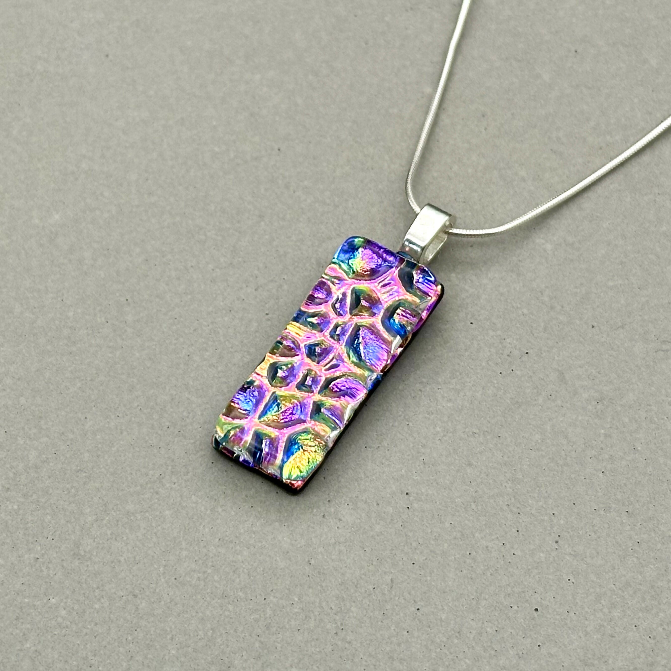Pink Rainbow Raindrop Dichroic Glass Necklace and Earrings Set - Sterling Silver, Handmade by Jade Tapson Glass