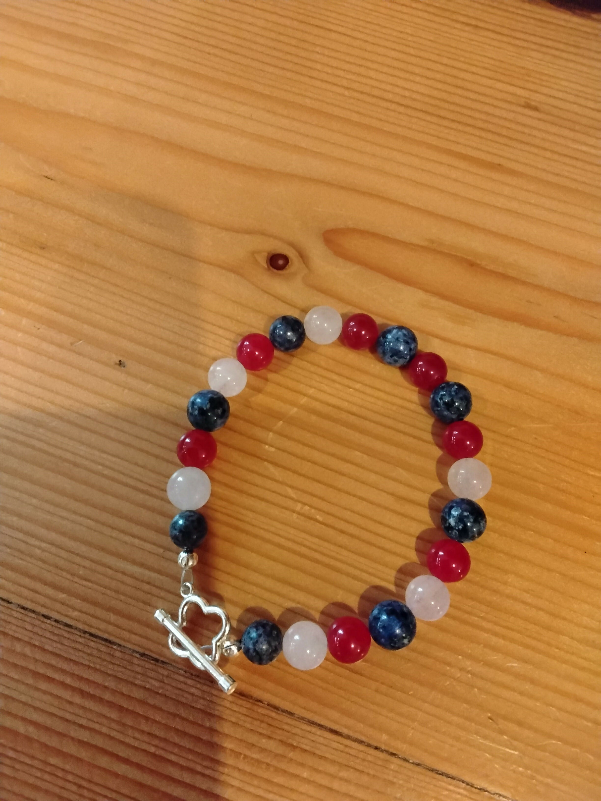Tibetan Silver Toggle Catch Bracelet with Blue Spot Jasper, Rose Quartz and Red Chalcedony.