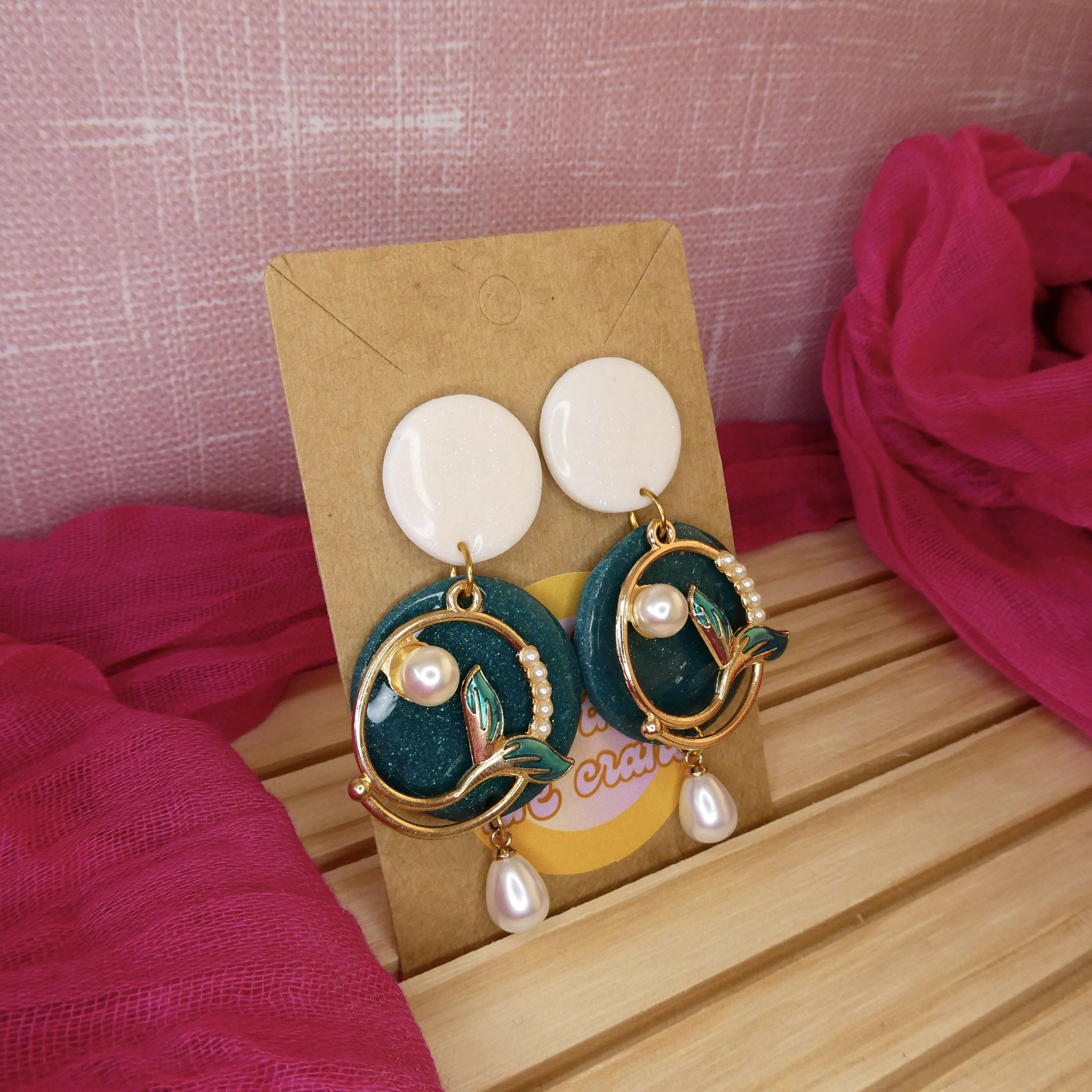 Turquoise Polymer Clay Earrings With Mermaid Charm And Pearl