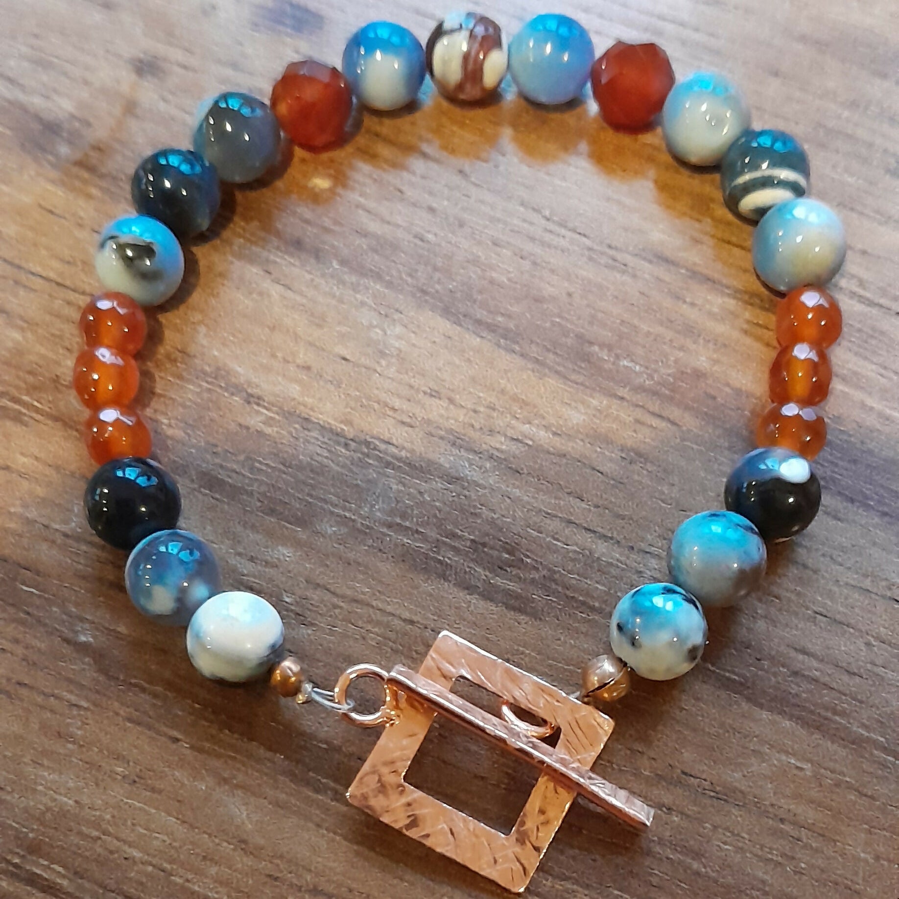 Gemstone Bracelet with Pure Copper Hand Finished Toggle Catch, Blue Dream Agates and Faceted Carnelian.