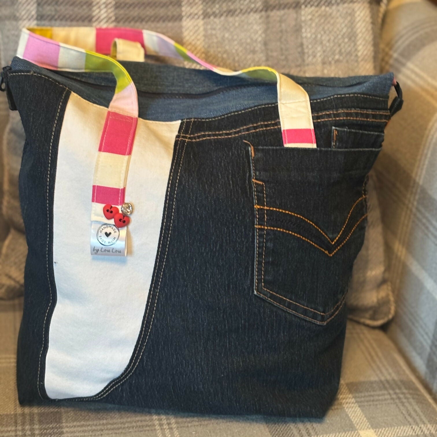 Unique Handcrafted Large Denim Tote Bag Handbag Made From Upcycled Blue And White Jeans