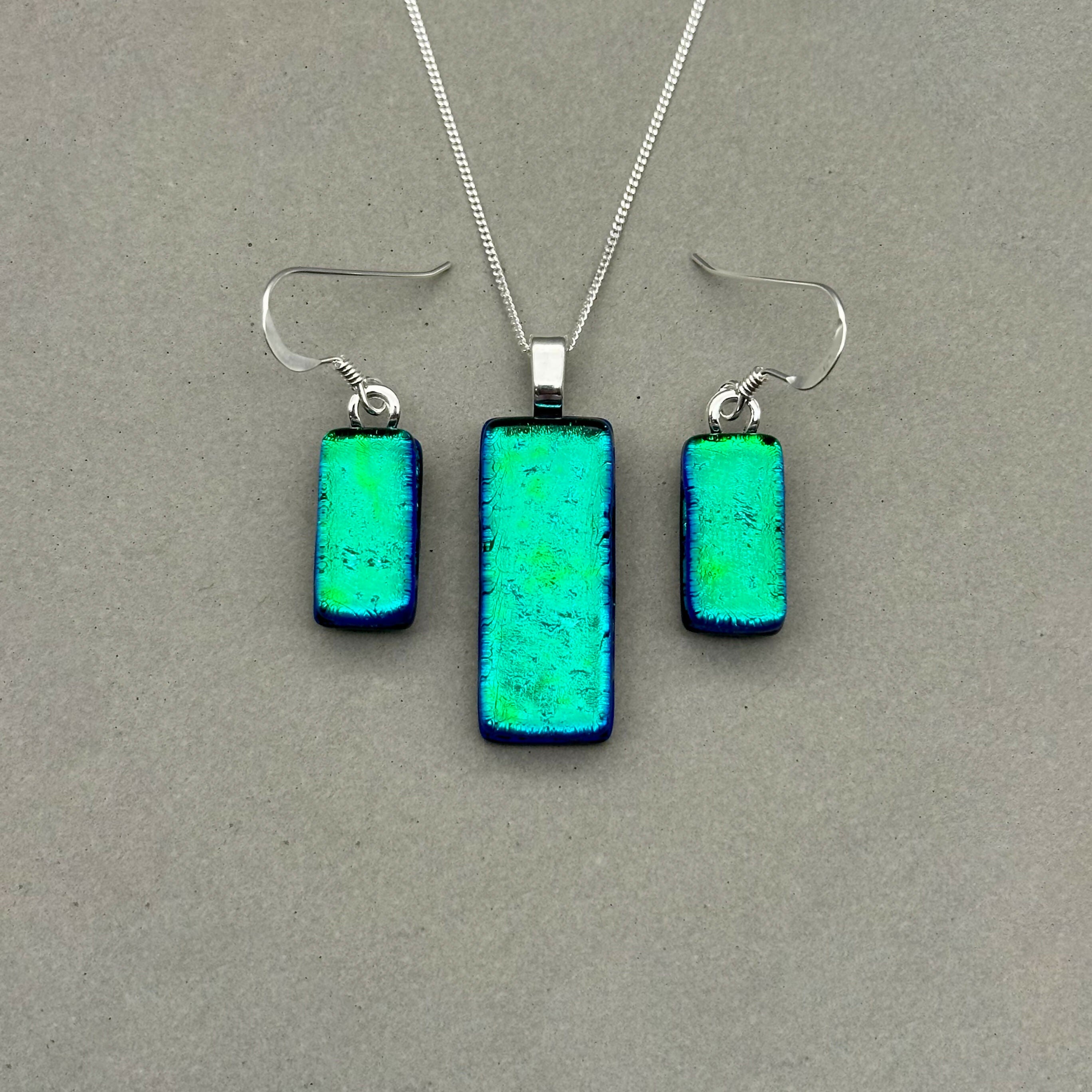 Emerald Green Dichroic Glass Necklace and Earrings Set - Sterling Silver, Handmade by Jade Tapson Glass
