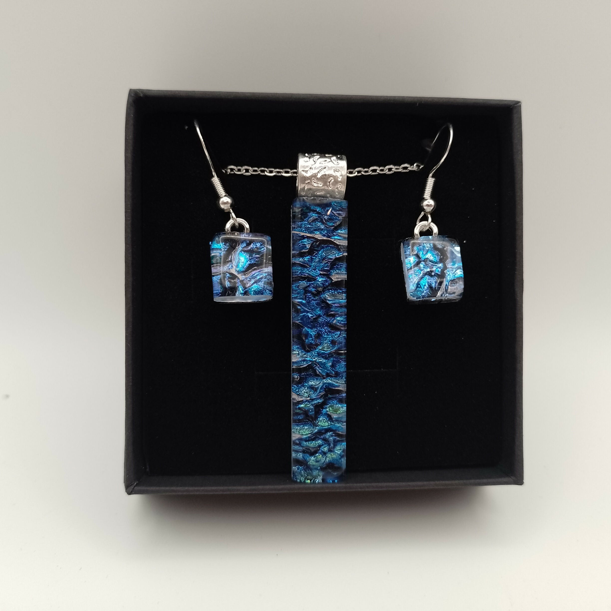 Blue and Green Dichroic Glass Pendant and Earring Set