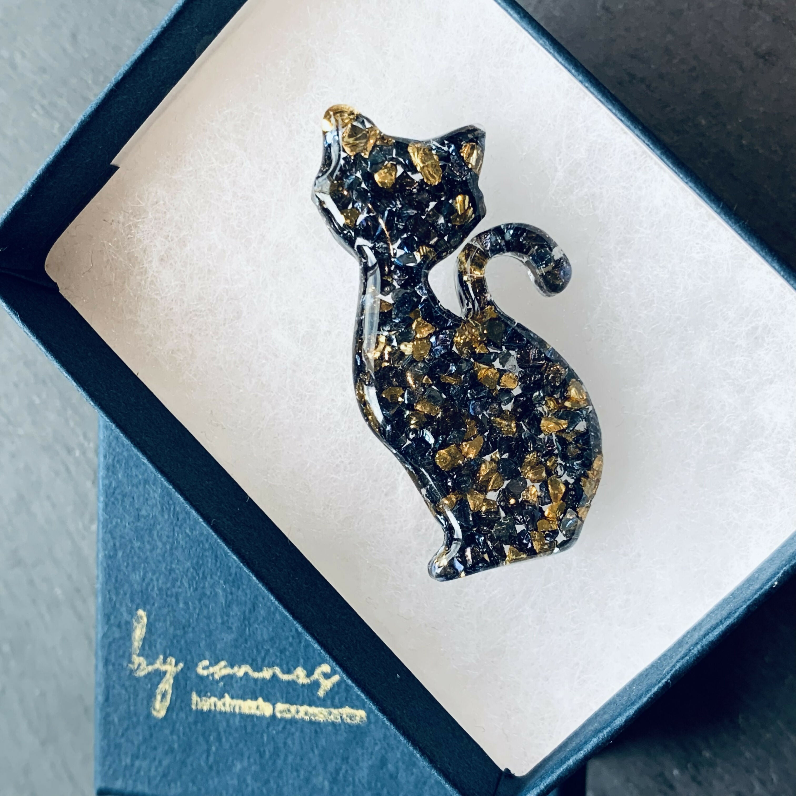 Hand Cast Mosaic Resin Cat Brooch