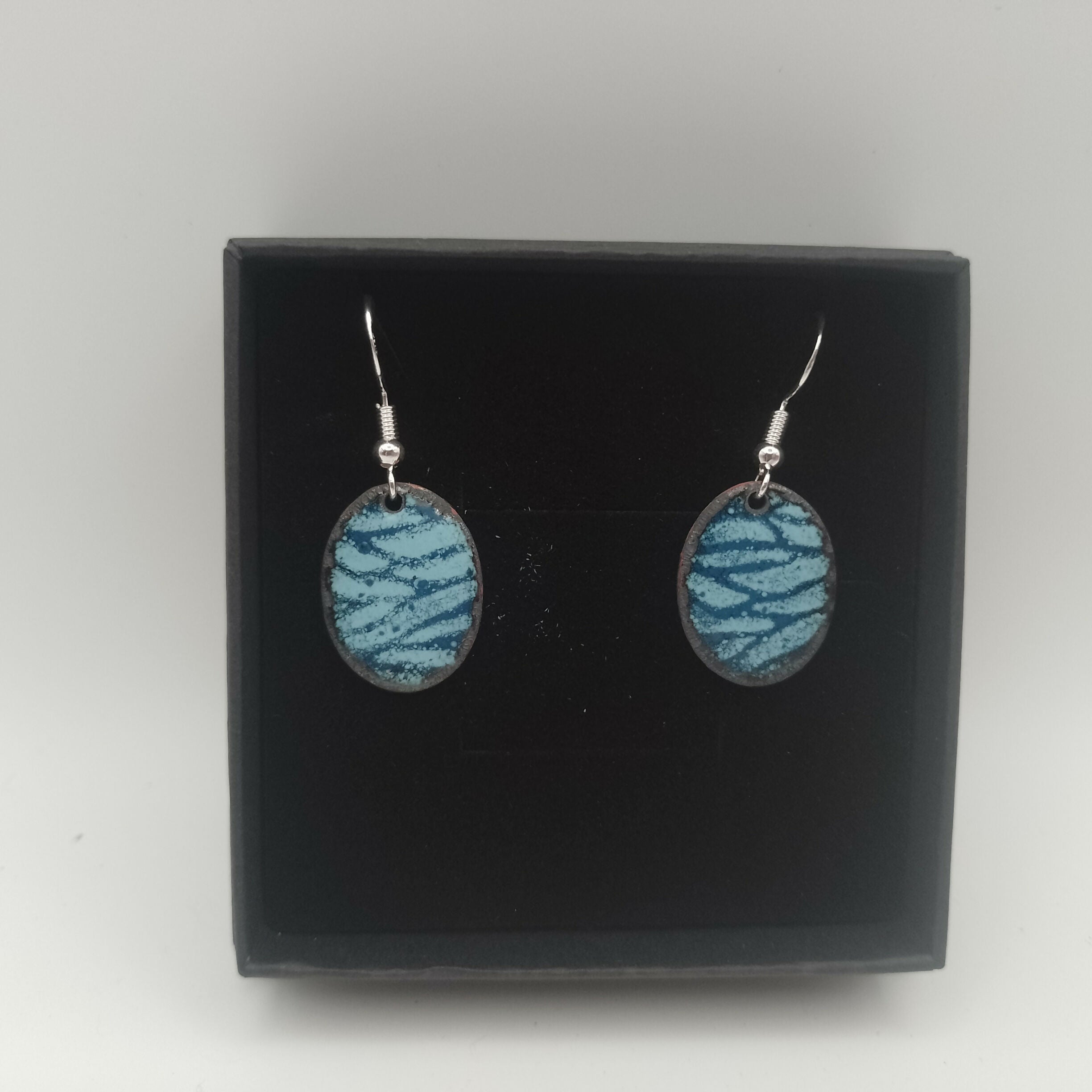 Blue and White Striped Enamel Oval Earrings