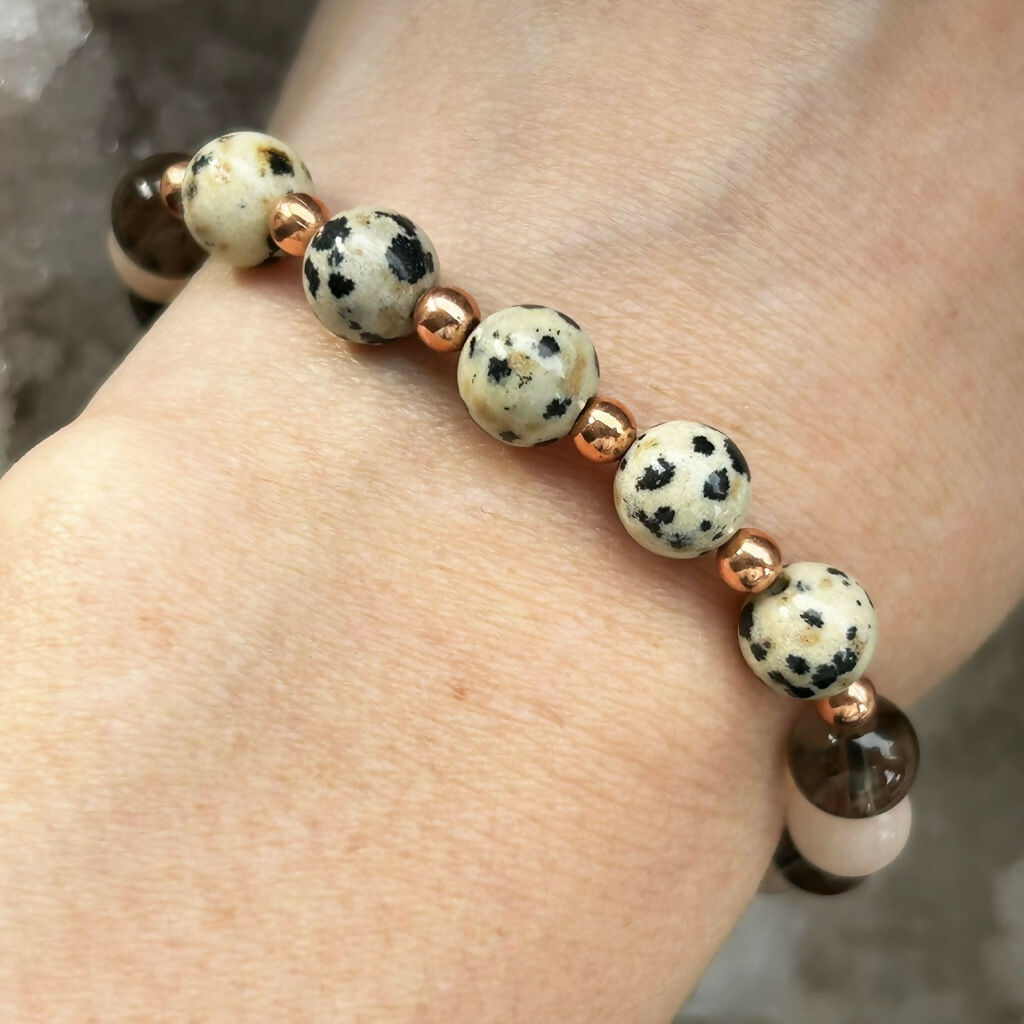 Handmade Smokey Quartz, Dalmatian Jasper And Peach Calcite Stretch Bracelet