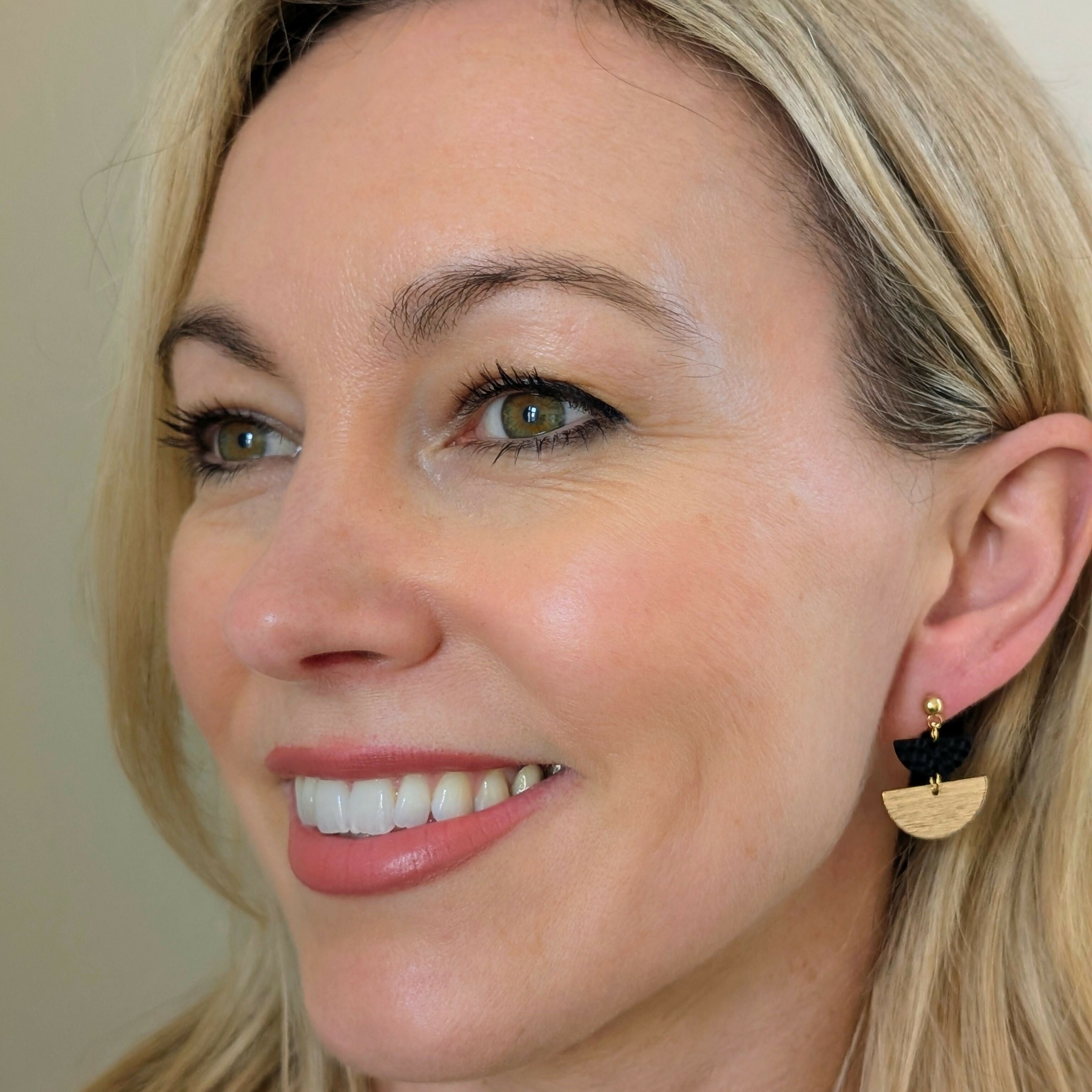 Geometric Black and Gold Half Moon Earrings on Gold Plated Ball Stud