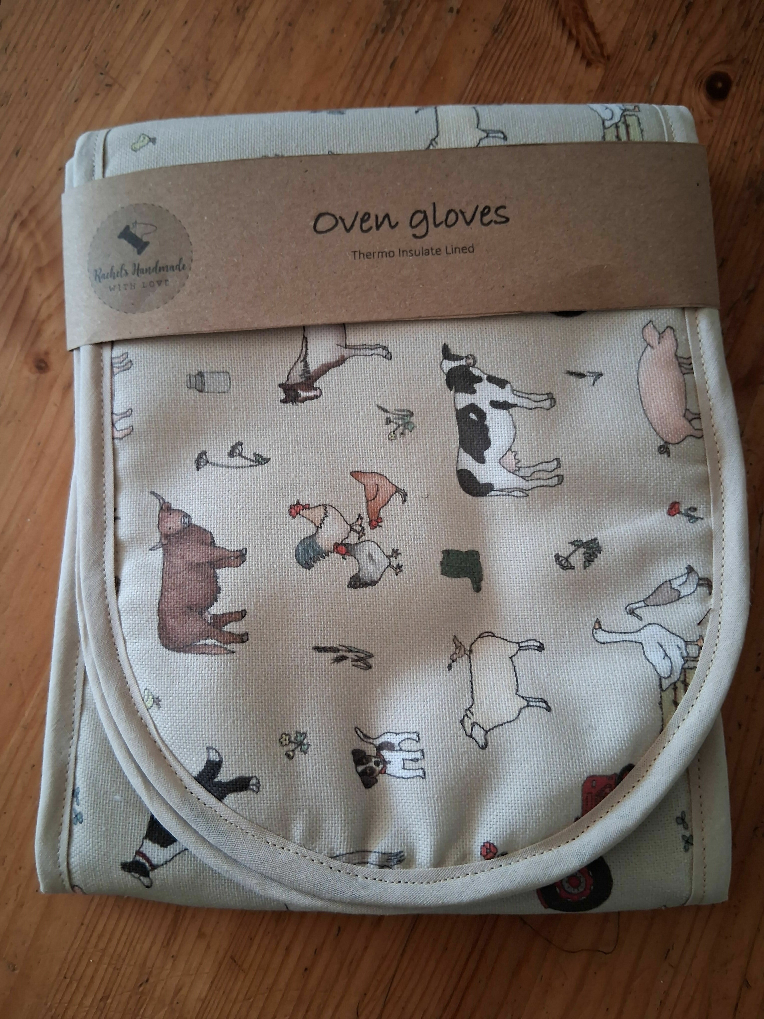 Farm Animal Print Oven Gloves, Lined With Thermo Insulate, Handmade In North Yorkshire