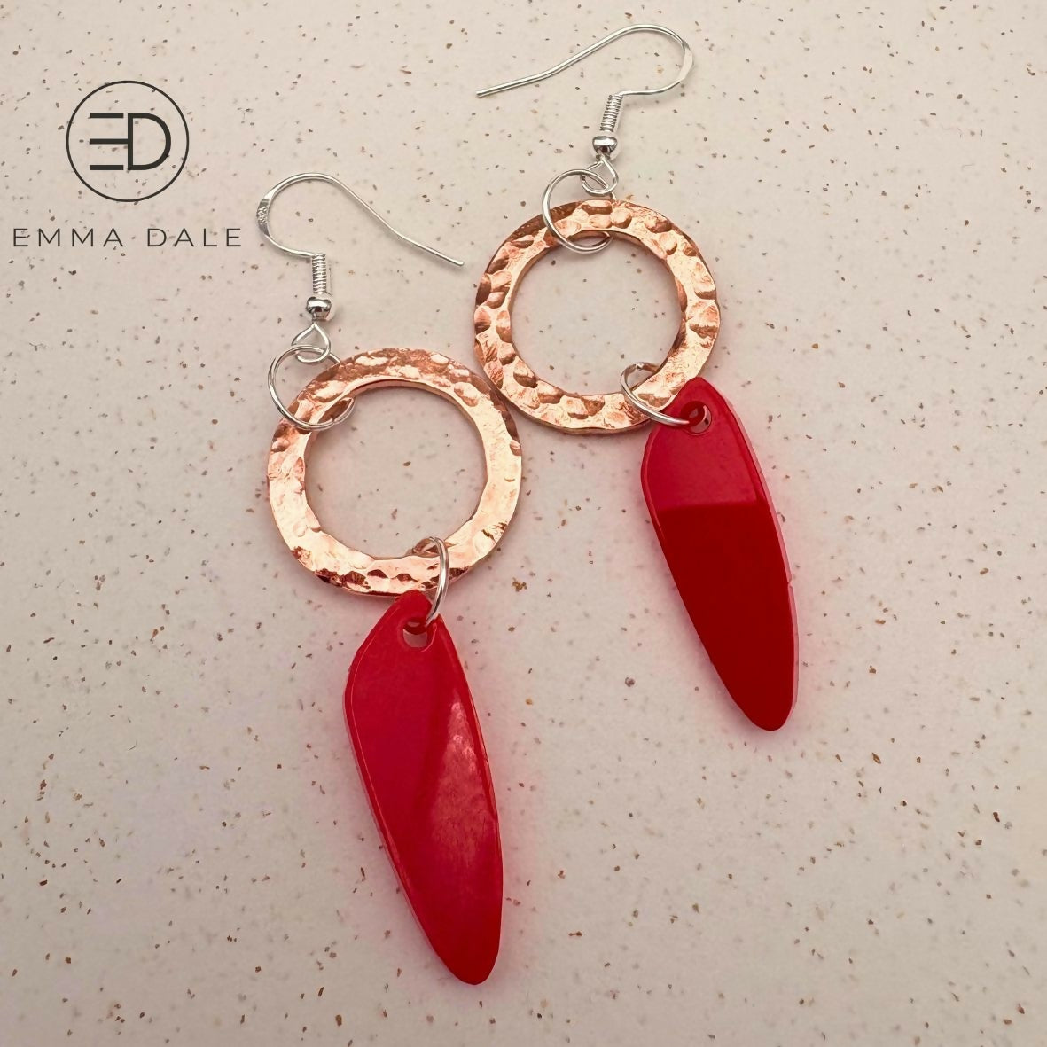 Red Organic Acrylic & Hand-Hammered Copper Earrings