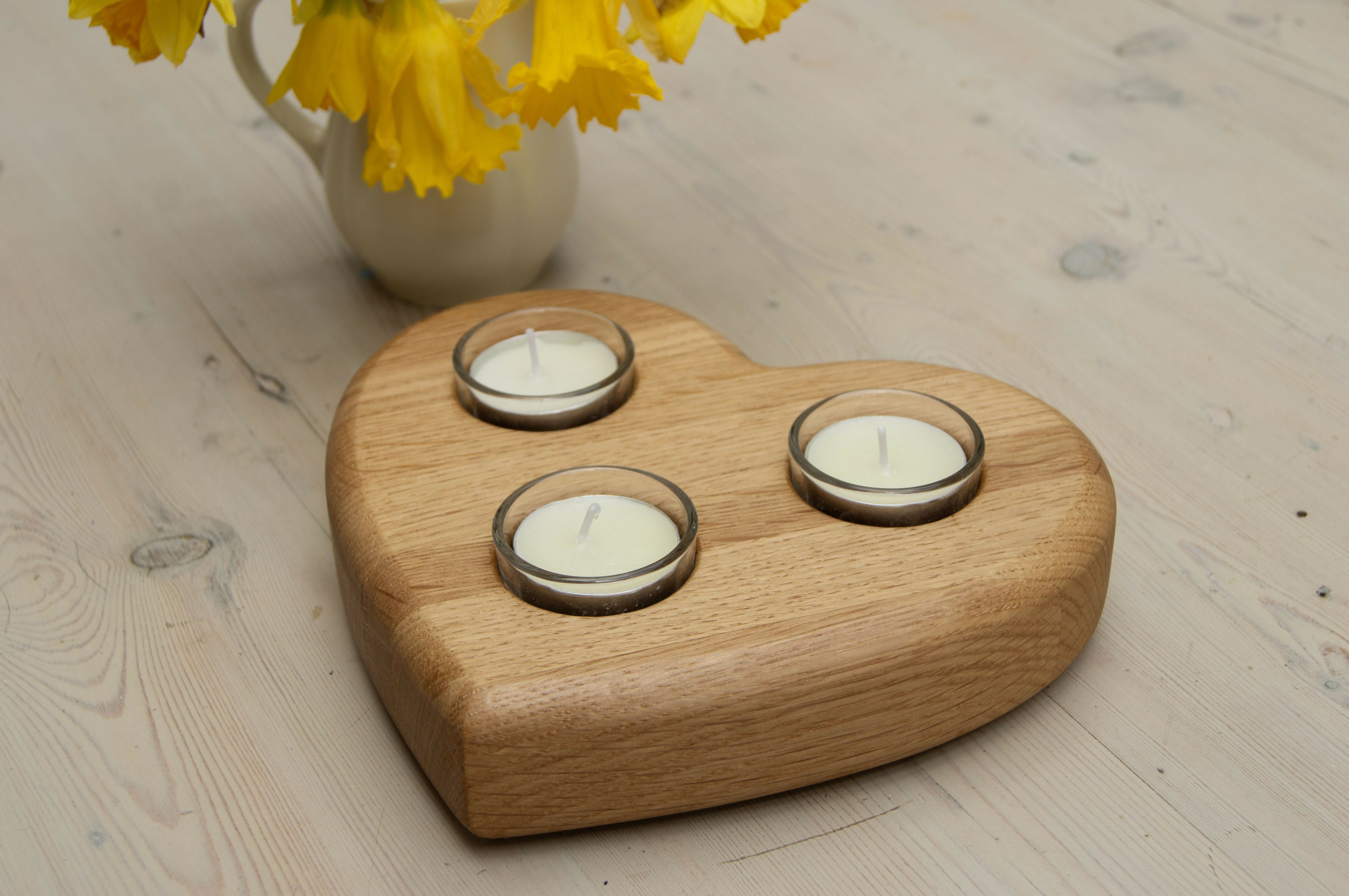 Oak Heart Triple Tea Light Holder