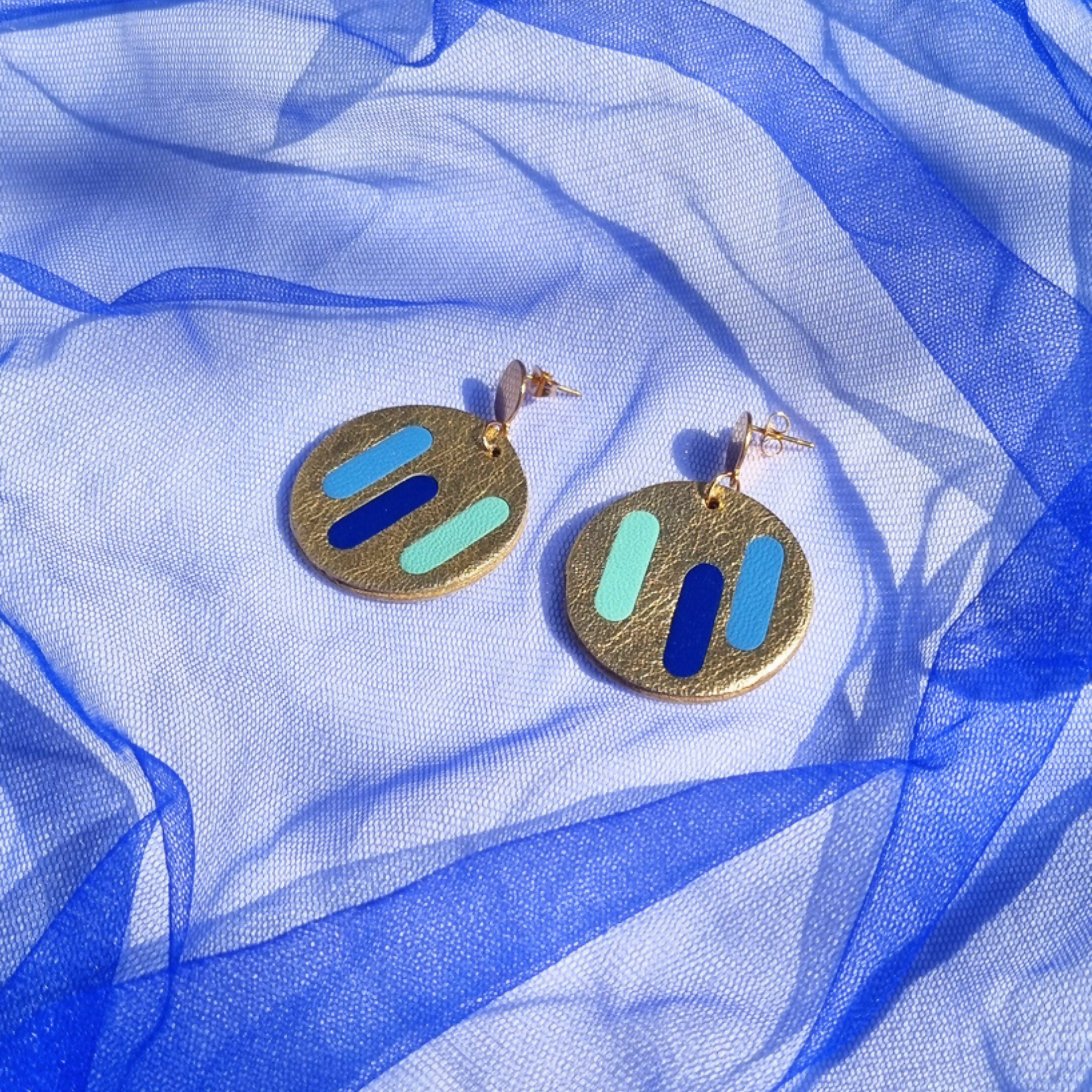 Abstract Gold Leather Disc Earrings Blue Lines