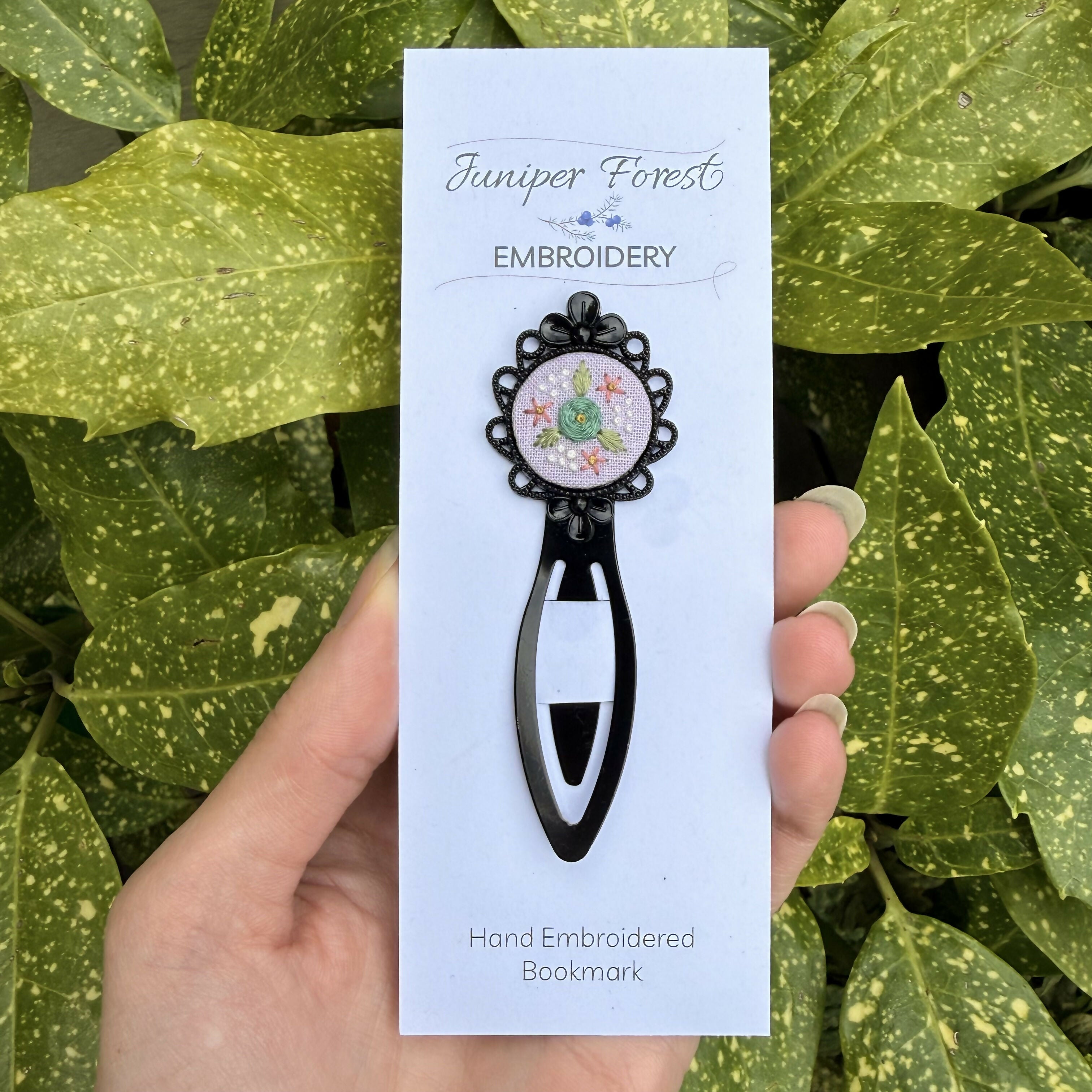 Black Hand Embroidered Floral Bookmark