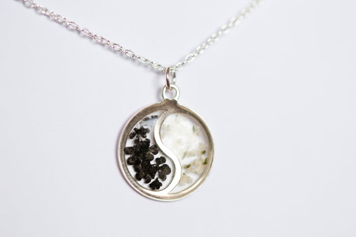 Ying Yang Black and White Real Flower Necklace Sterling Silver