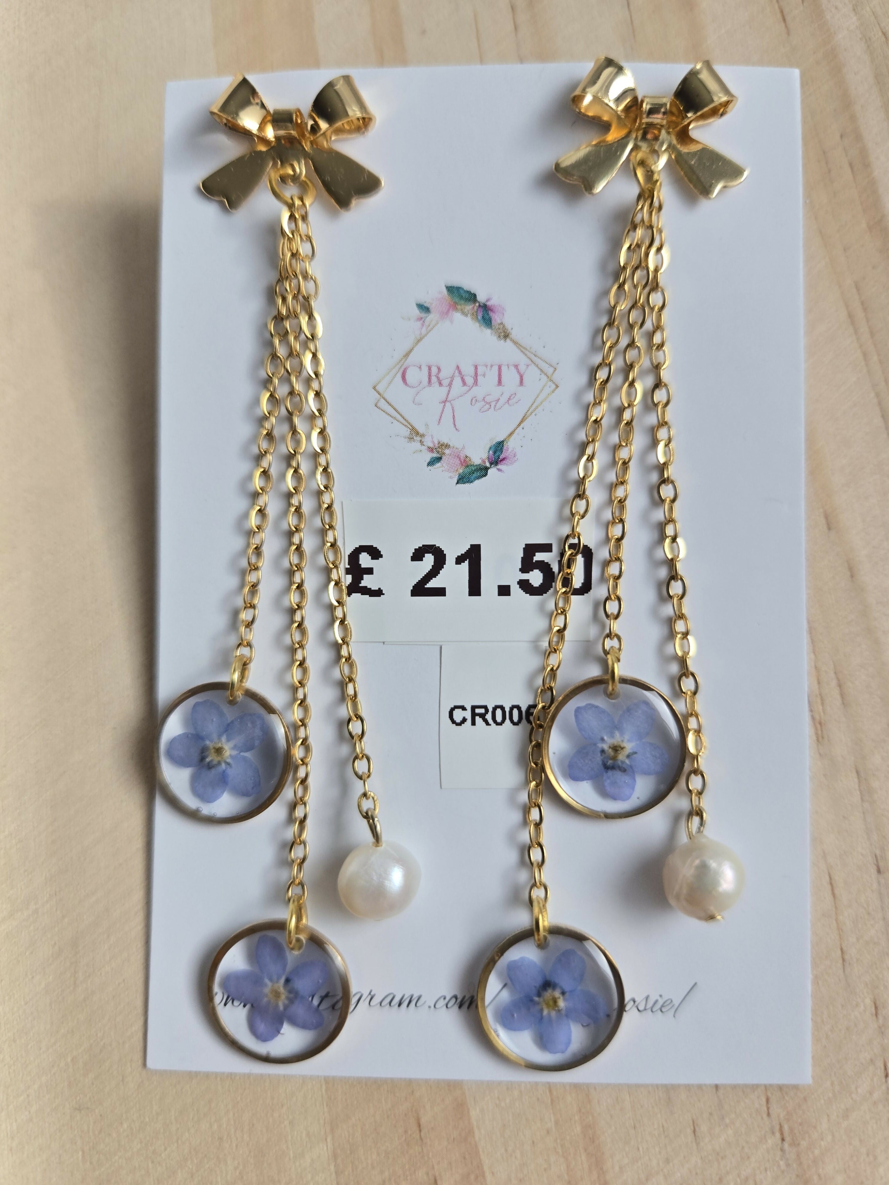 Stainless Steel Real Forget Me Not and Pearl Dangle Earrings