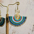 Blue Macrame Earrings; Egyptian Fan Gold Wire Spiral Bohemian Earrings