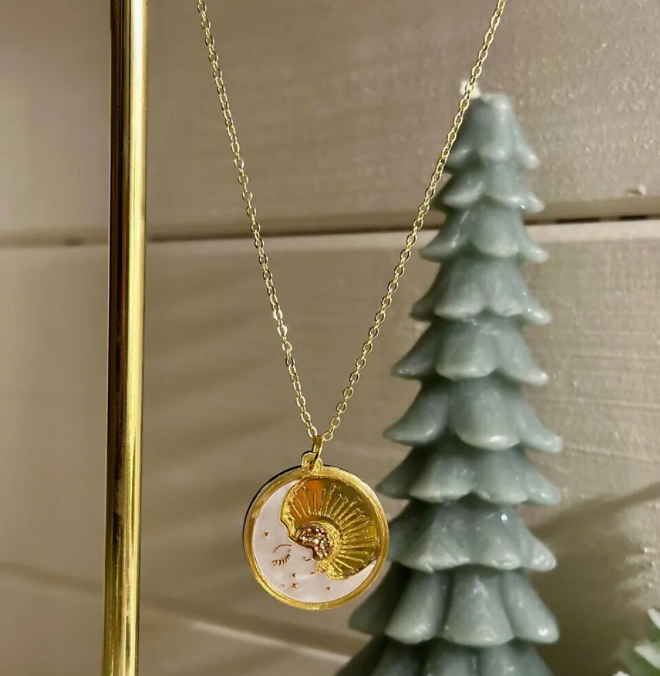 Celestial Christmas Moon and Sunbeam Disc Pendant
