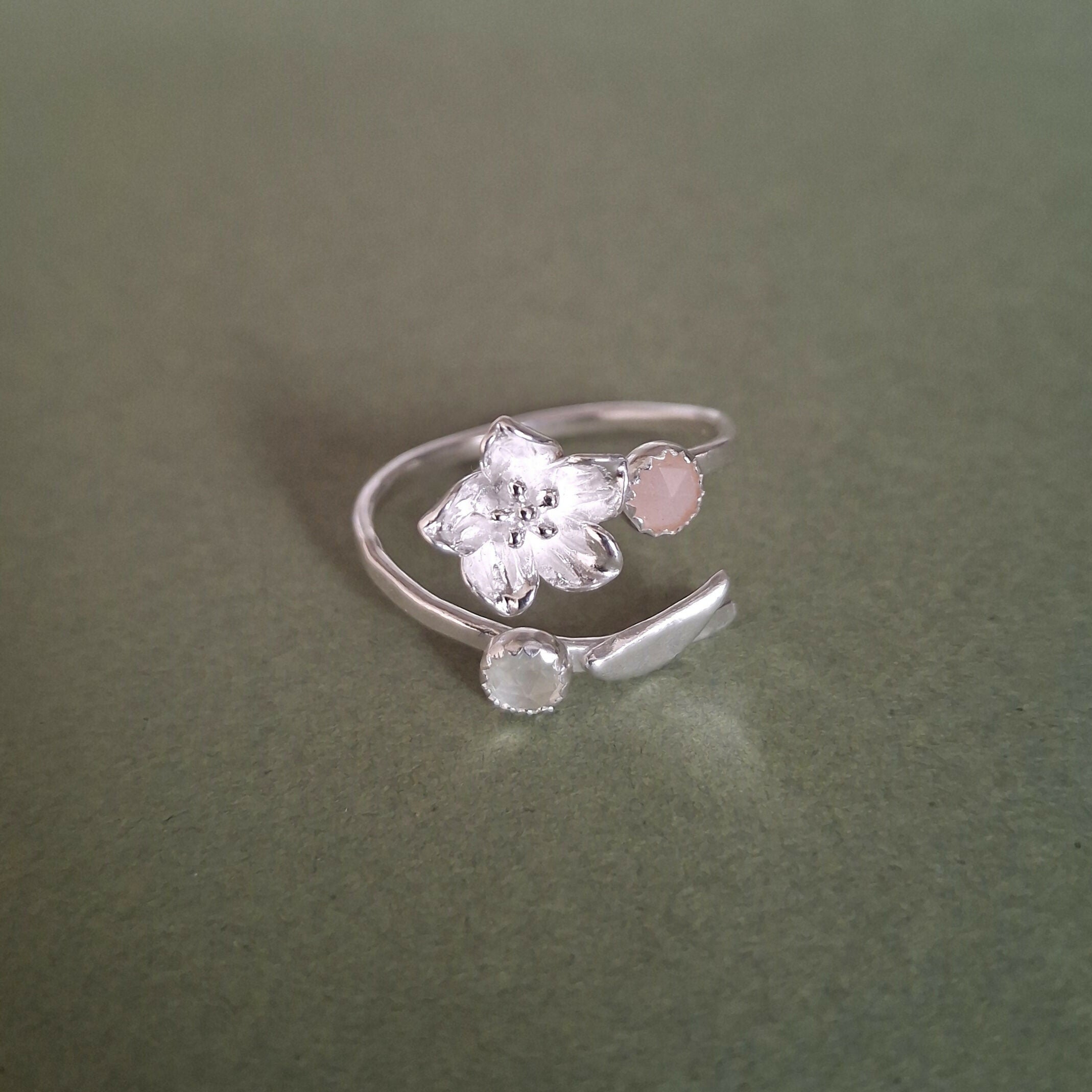 Handmade Adjustable Flower Ring With Moonstone & Prehnite