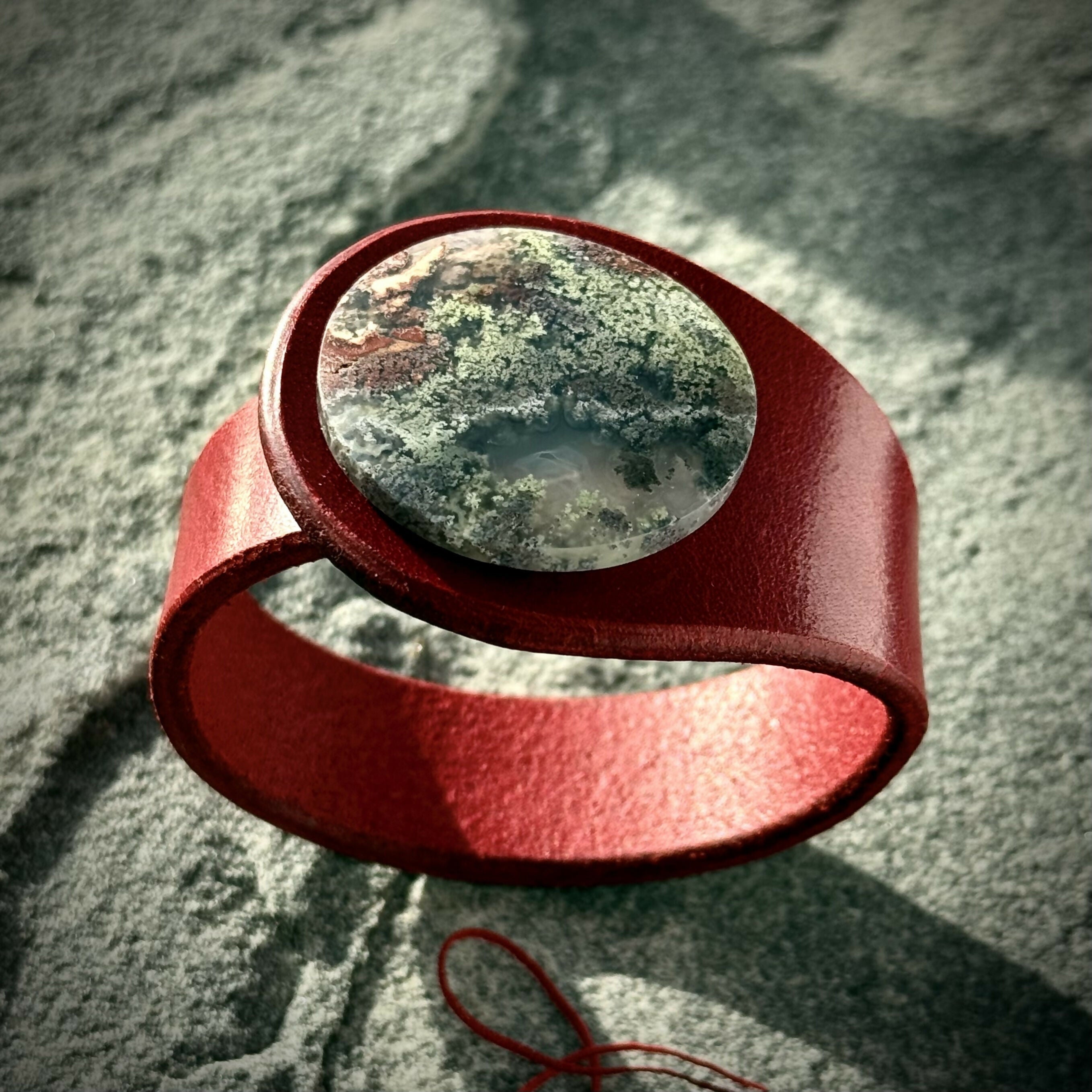 Handcrafted Natural Leather & Moss Agate Gemstone Bracelet - Size S or M