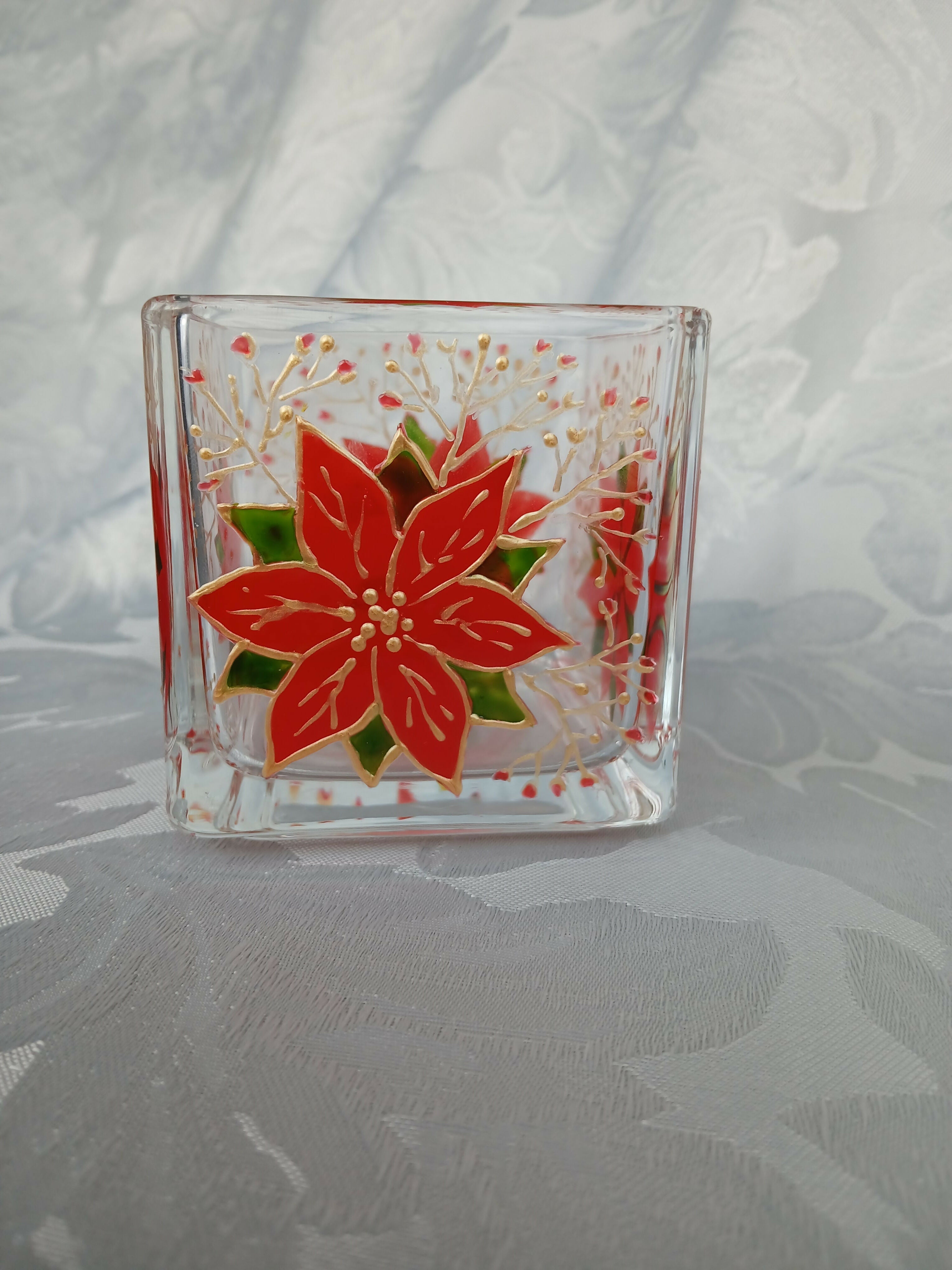 Hand Painted Glass Candle Holder.