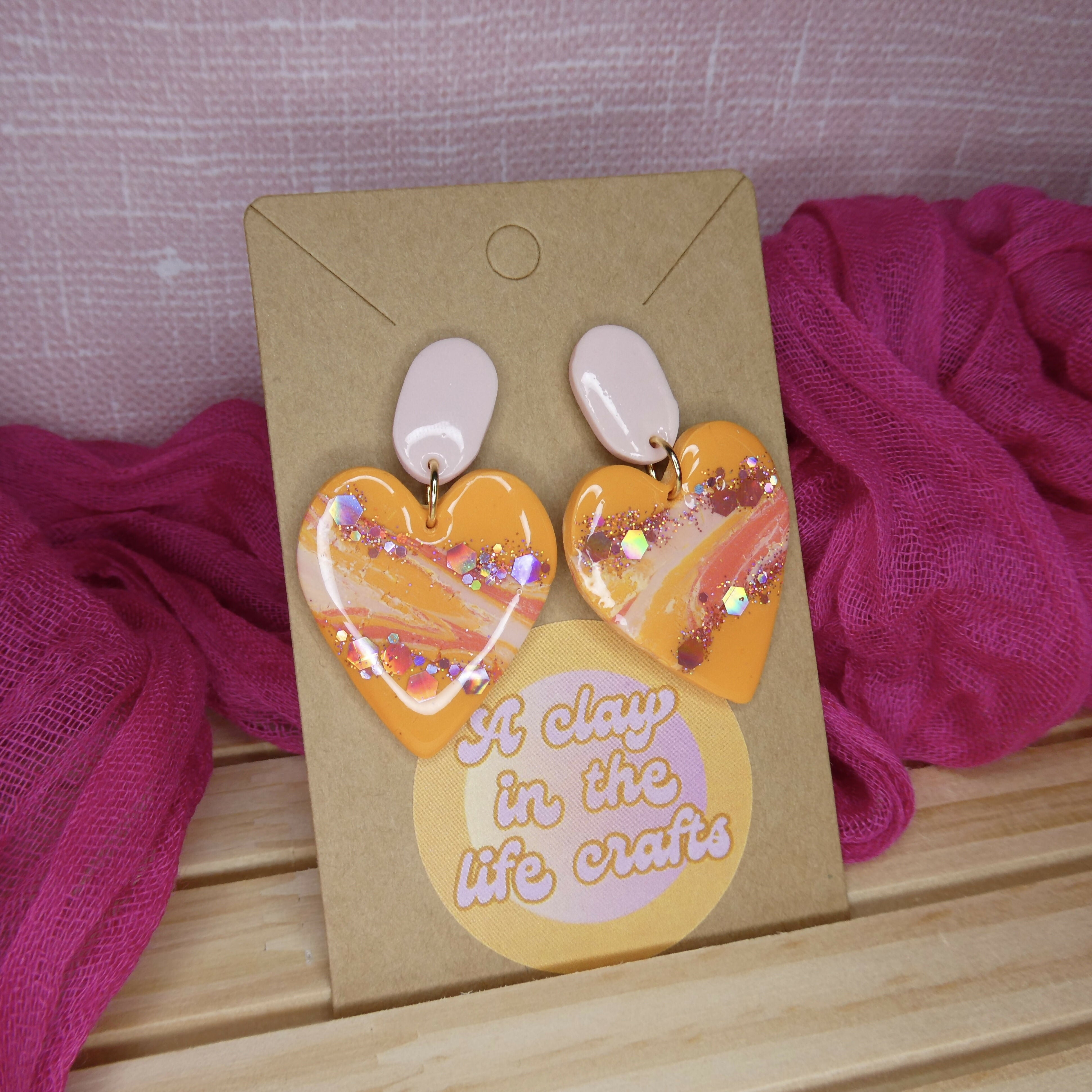 Orange Pink And Coral Marbled Heart With Glitter Detail