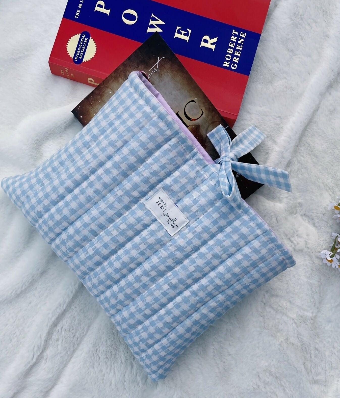 Handmade Quilted Book Sleeve Blue Gingham