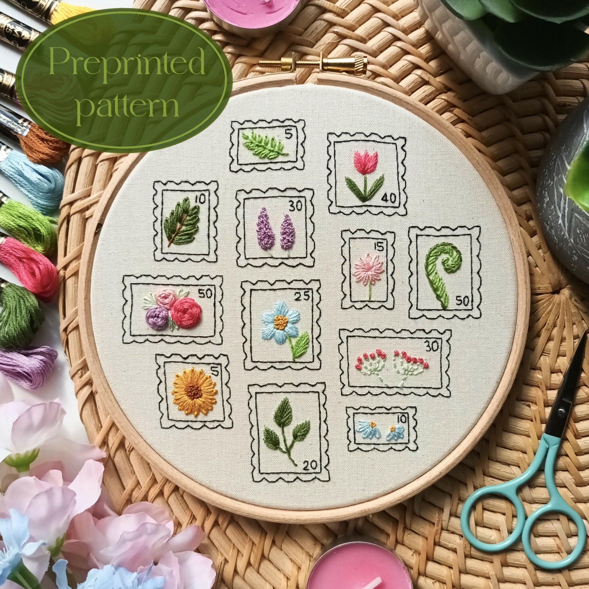 Preprinted Embroidery Pattern For Beginners - Botanical Stamps