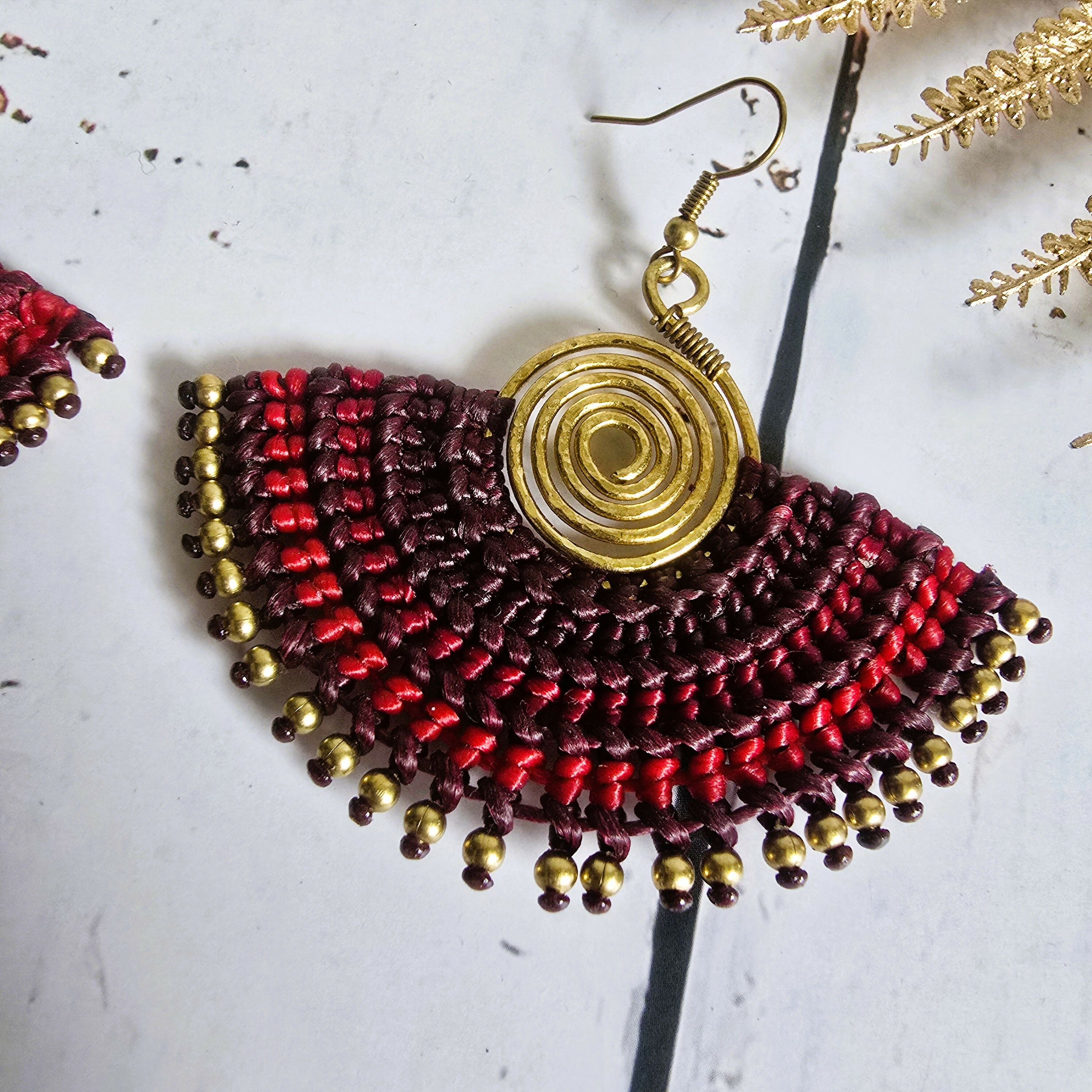 Red Macrame Fan Earrings; Statement Golden Spiral Wire-Art Thai Artisan Earrings