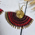 Red Macrame Fan Earrings; Statement Golden Spiral Wire-Art Thai Artisan Earrings