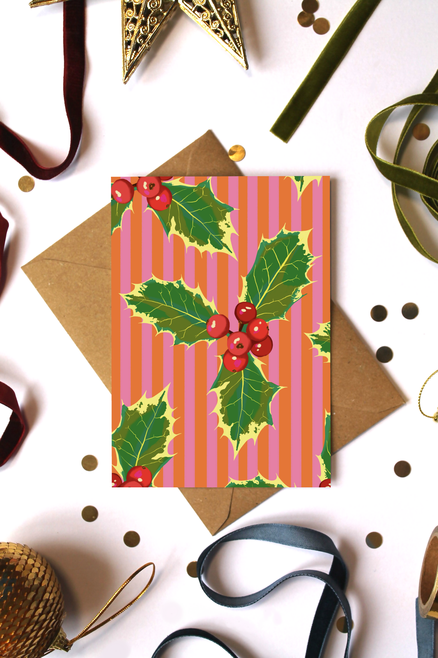 Pink Stripe Holly Christmas Card