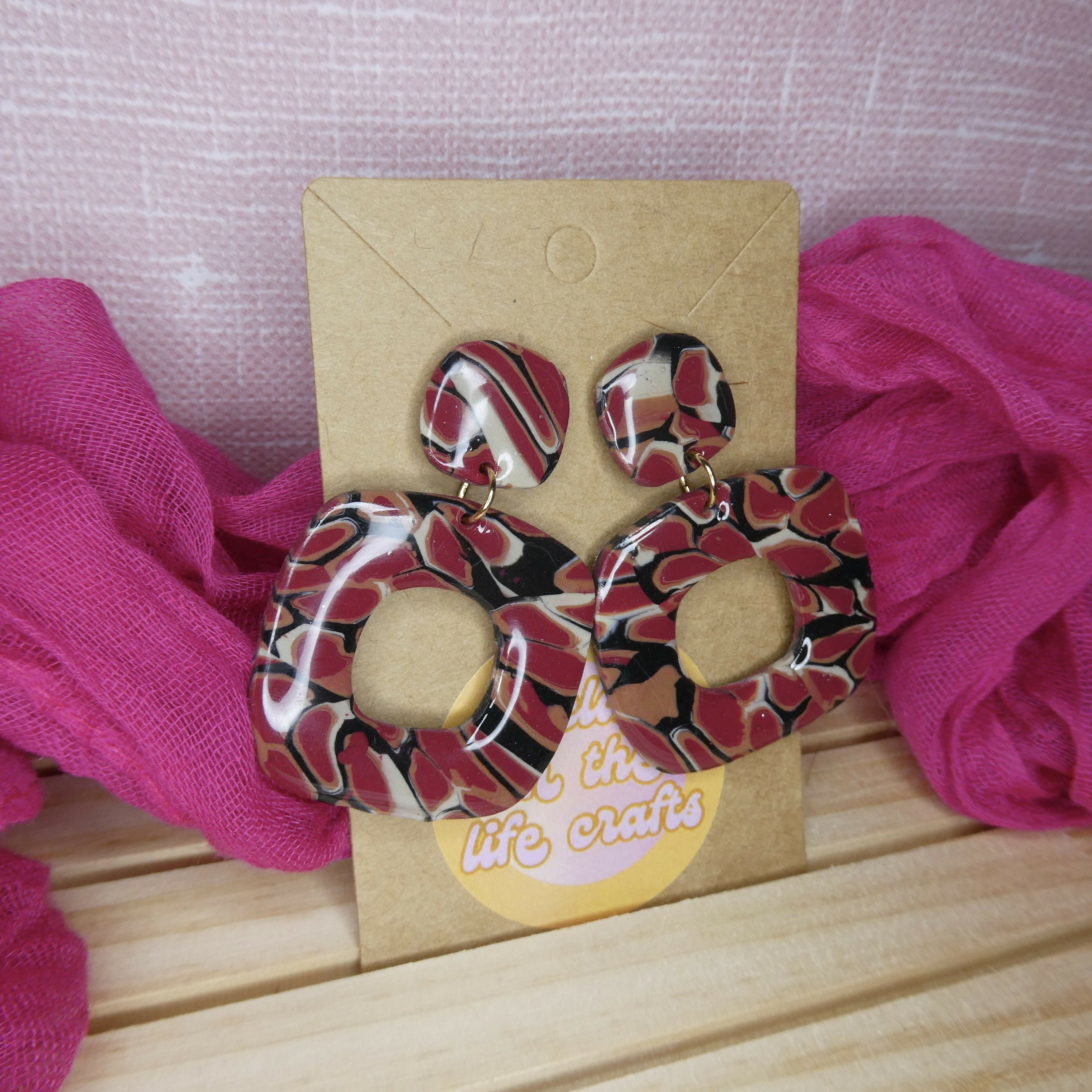 Big Square Brown And Red Mosaic Polymer Clay Earrings