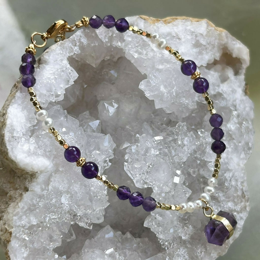 Handmade Gold Vermeil Amethyst And Freshwater Pearl Charm Bracelet.
