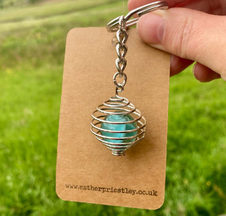 Blue Vintage Glass Marble in Silver Plated Wire Cage on keyring