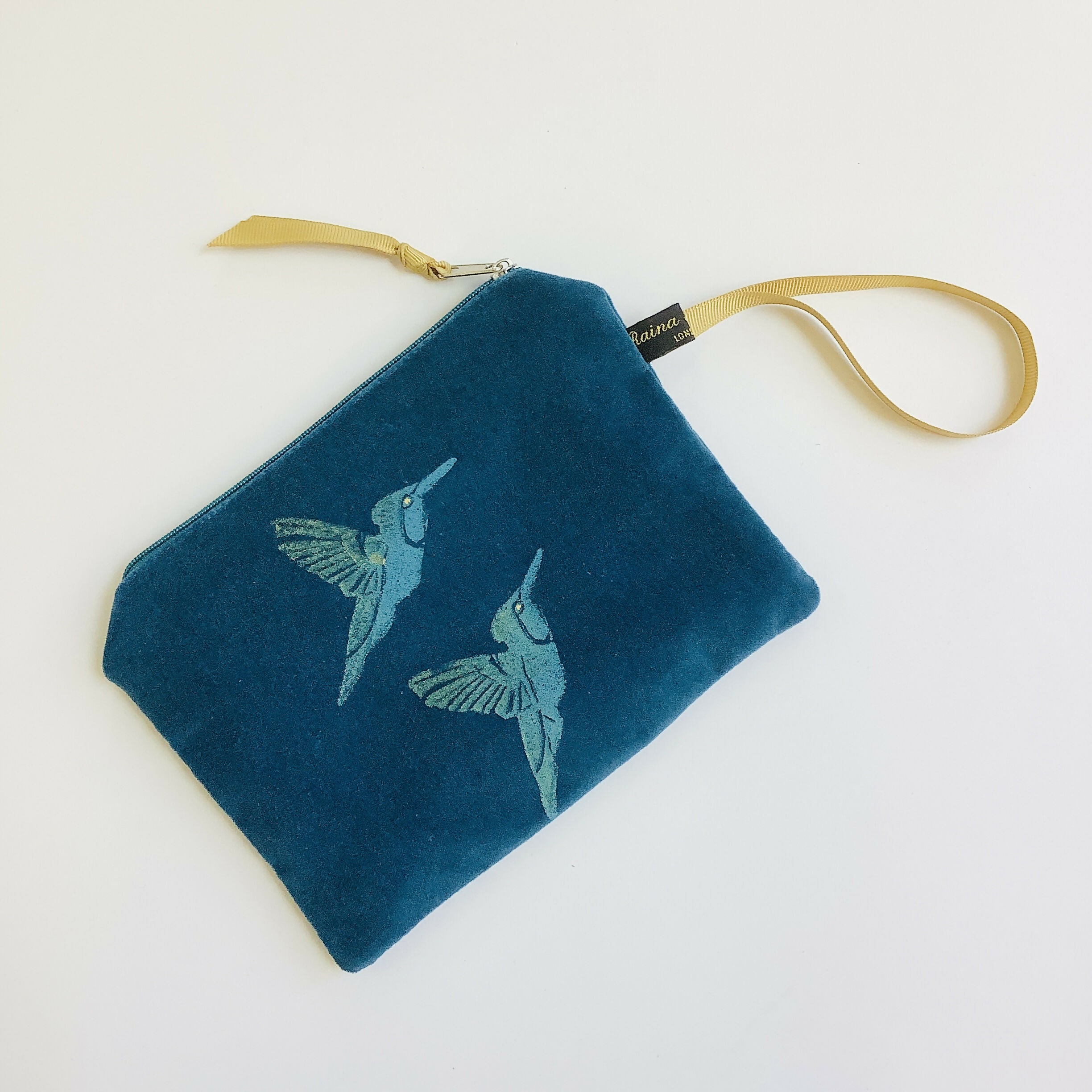 Teal Hummingbirds Velvet Zip-Up Pouch with Wrist Strap