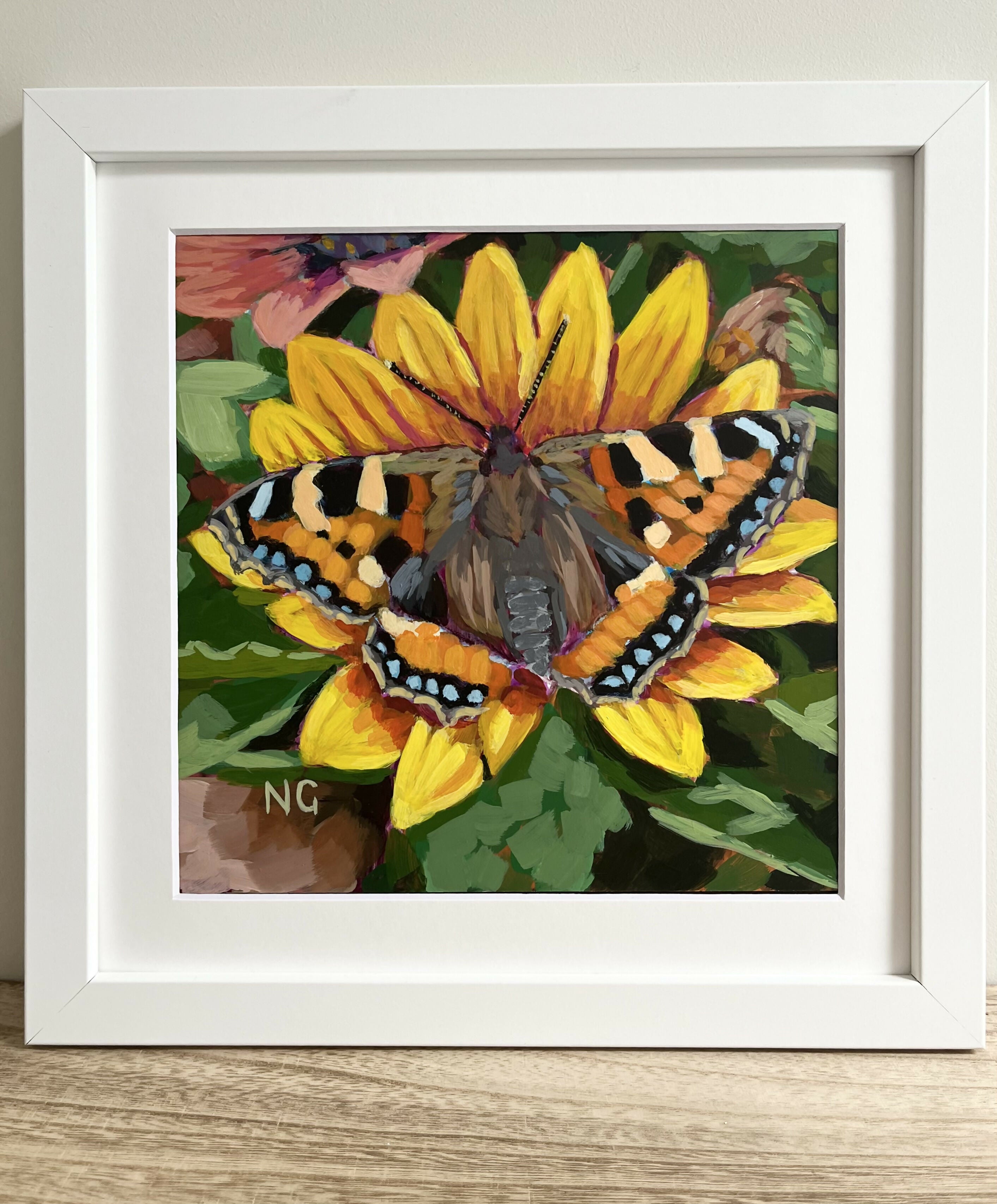 Small Tortoiseshell Butterfly on a Yellow Bloom Floral - Framed Original Acrylic Painting