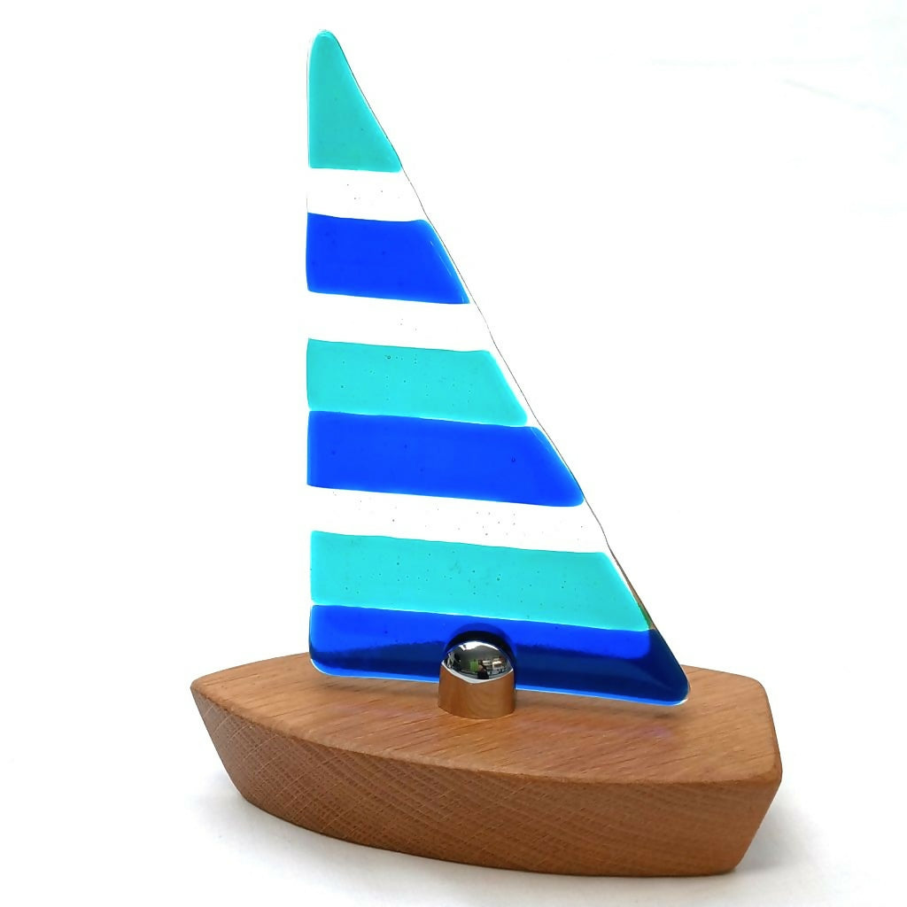 Turquoise Blue/Caribbean Blue Fused Glass Sailing Boat On Solid Oak Base (Medium)