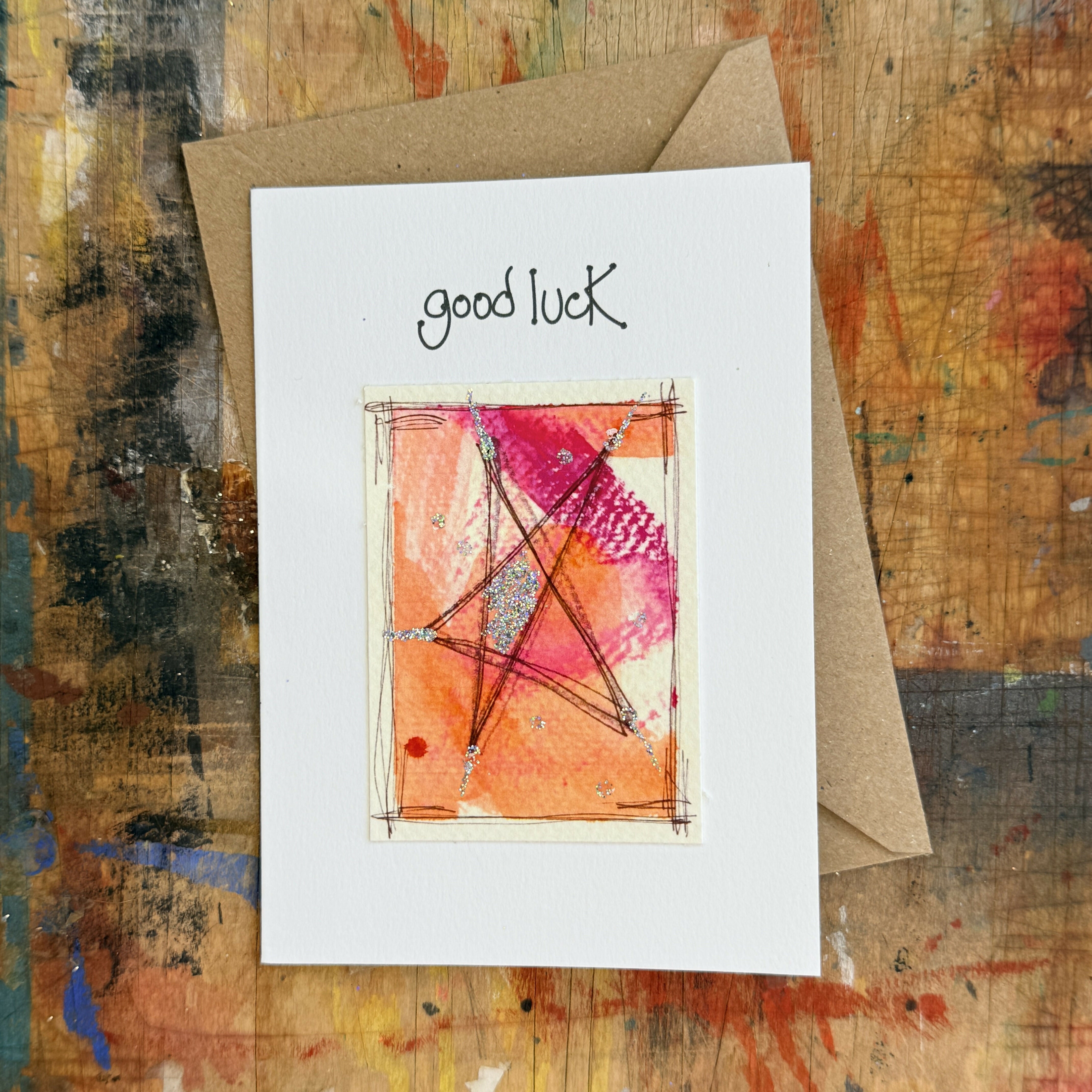 Abstract Sparkle Star Good Luck Card in Pink