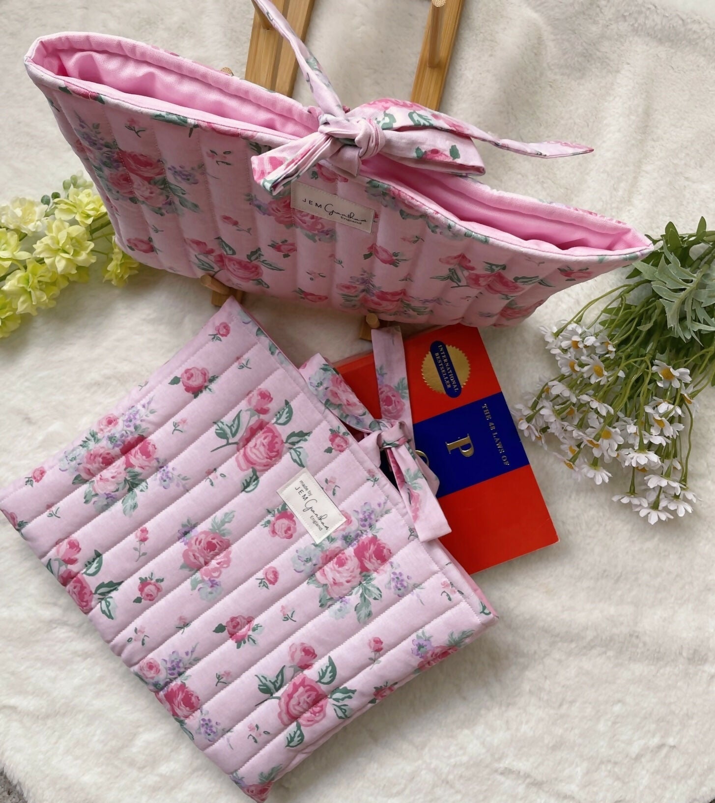 Handmade Book Sleeve with ribbon Closure Pink Vintage Roses