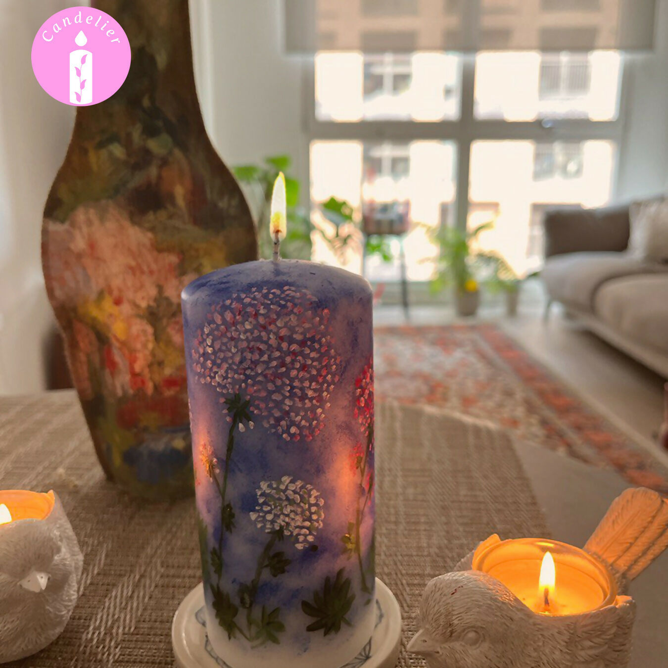 Blue Candle with Floral Design