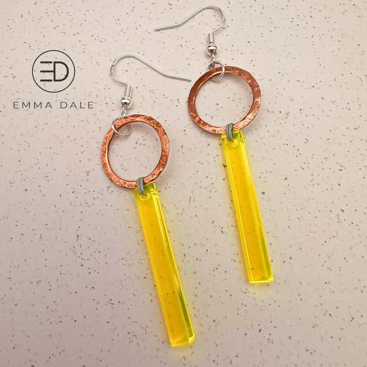 Neon Yellow Acrylic Bar & Hand-Hammered Copper Earrings