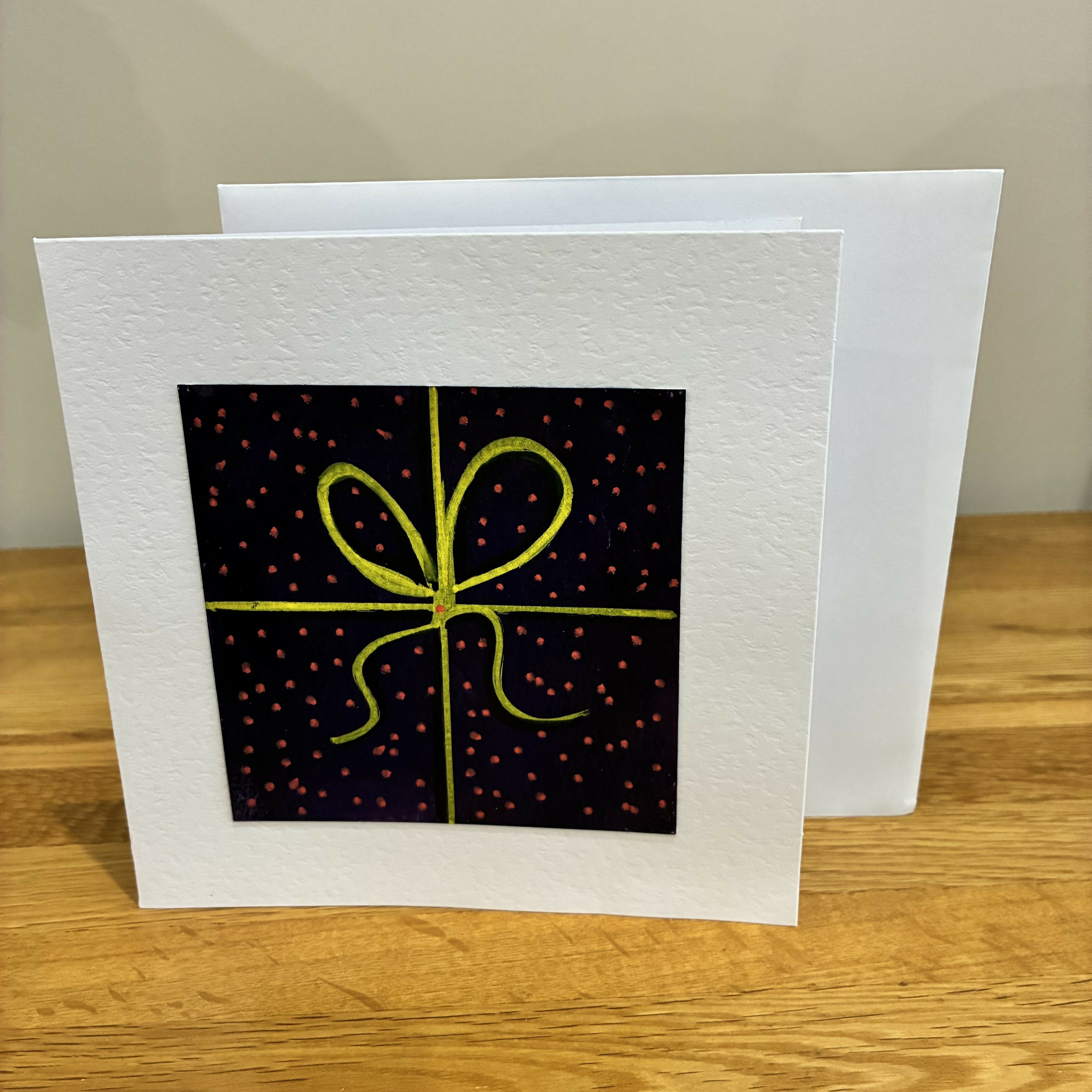 Greetings Card Hand Painted Ribbon Tied Present - Purple