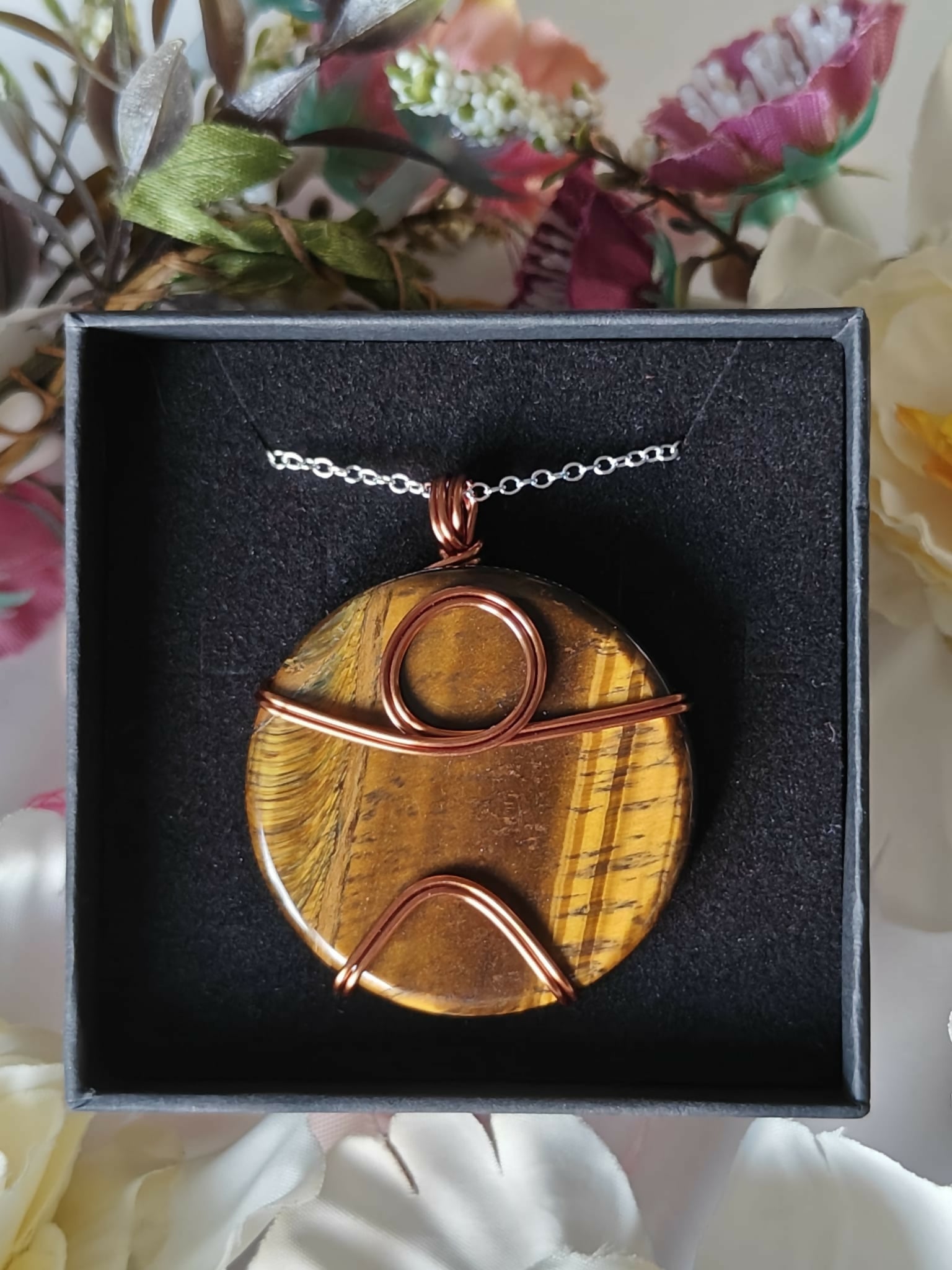 Tiger's Eye Wire Wrapped Crystal Disc Necklace on Sterling Silver Chain