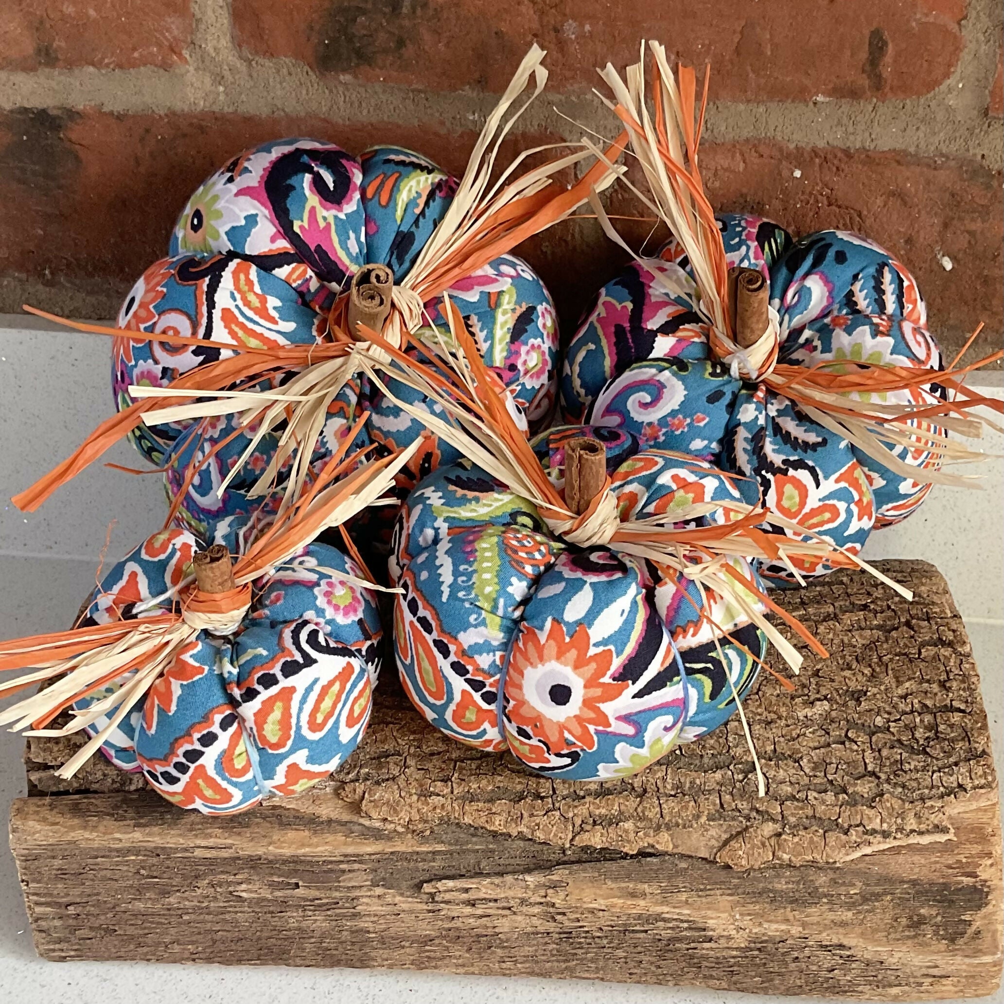Bright Upcycled Pumpkin Decoration, Colourful Patterned Fabric Ornaments