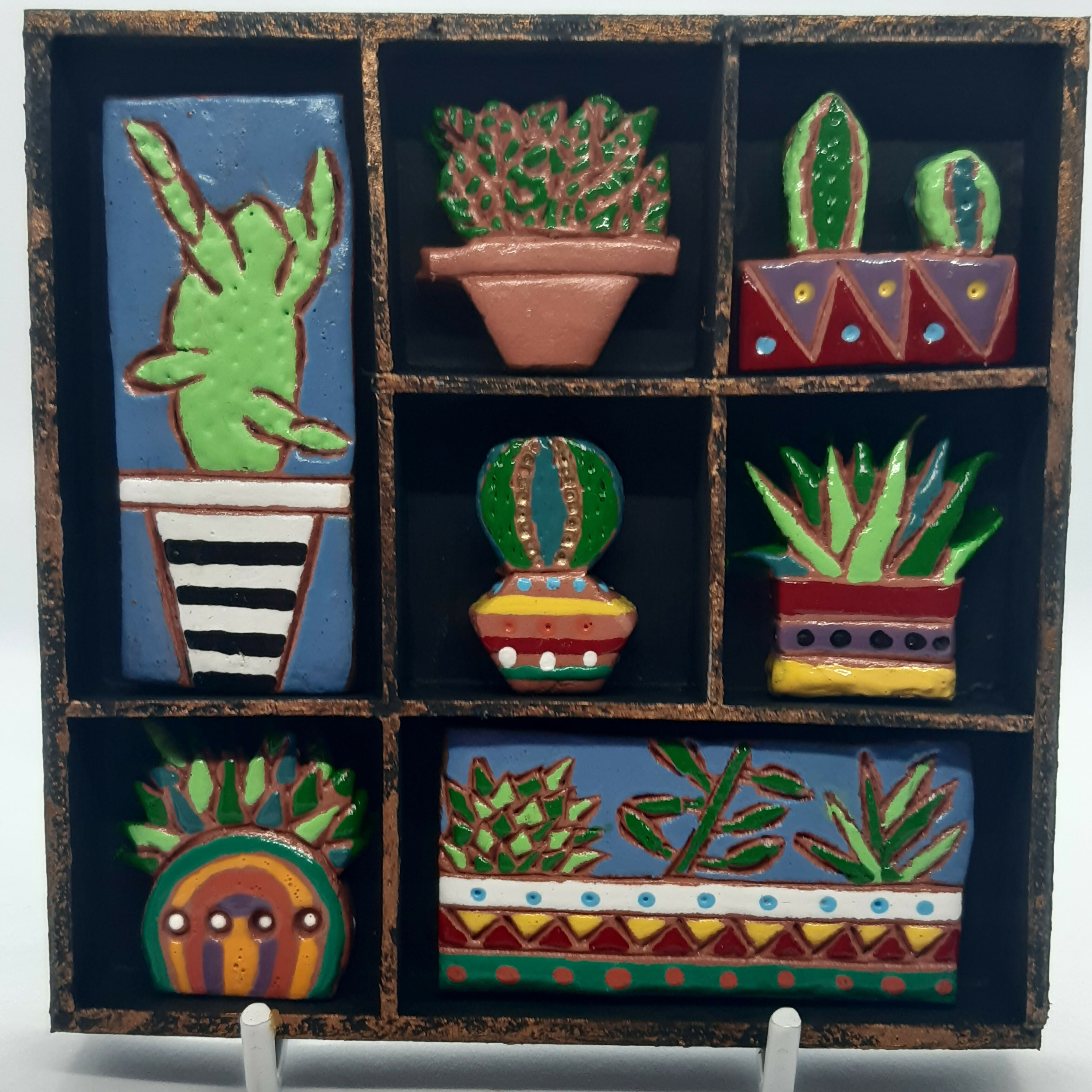 Clay Cacti, Succulent and Plant Small Wooden Black Painted Trinket Tray