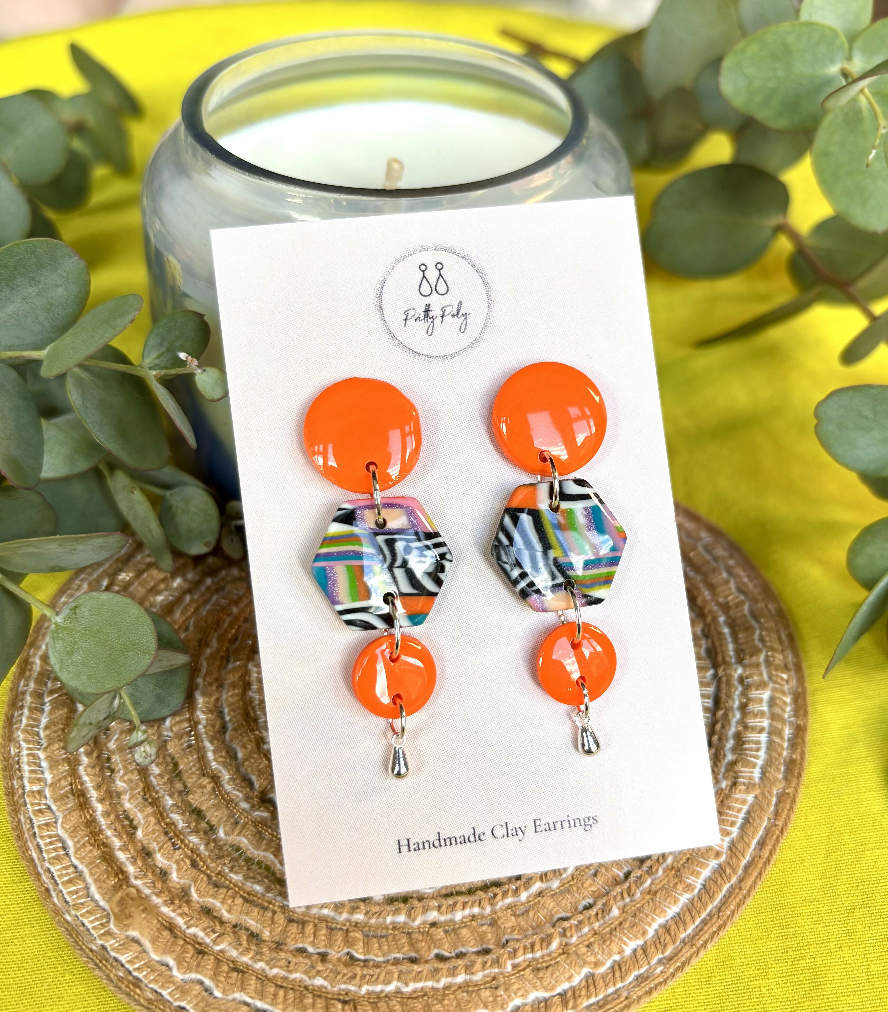Funky Pattern Collection - Orange Droplet Polymer Clay Earrings