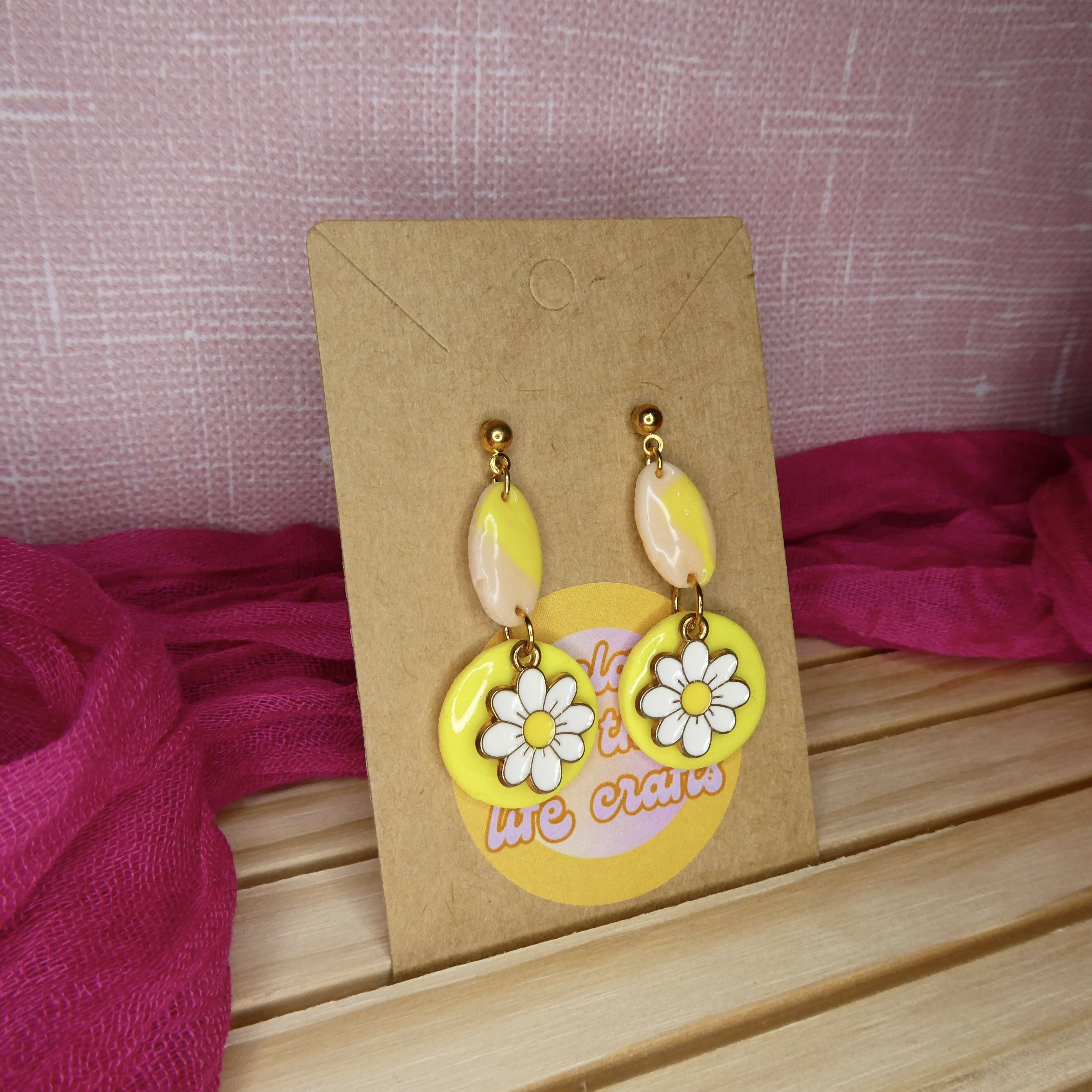 Yellow Dangly Polymer Clay Earrings With Daisy Charm