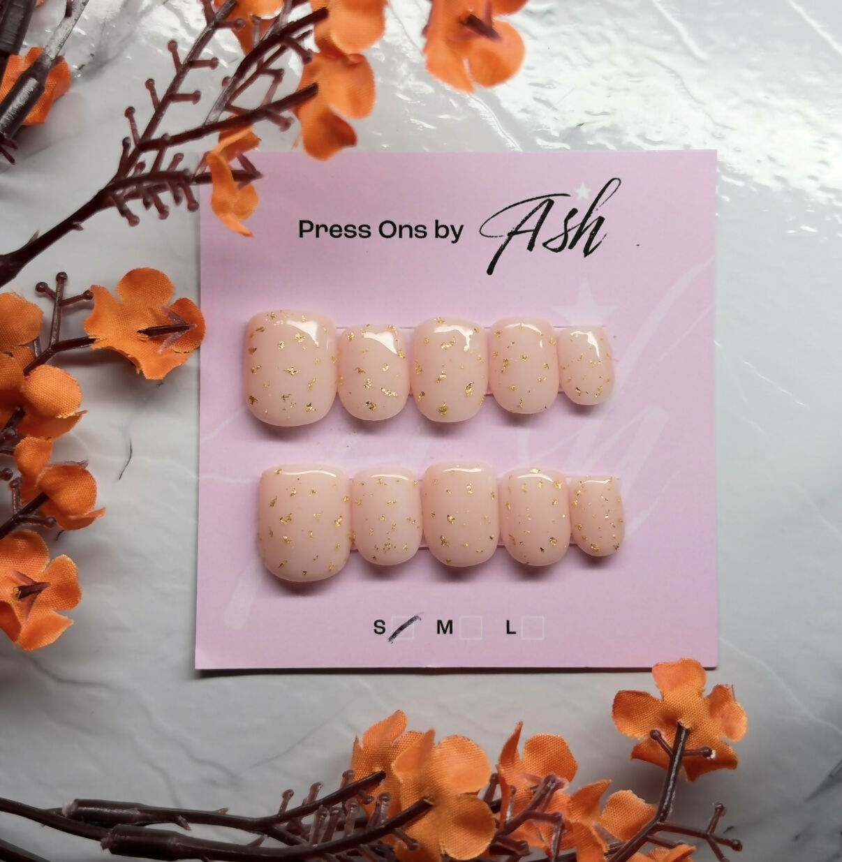 Reusable Pink Gold Leaf Handmade Press On Nails