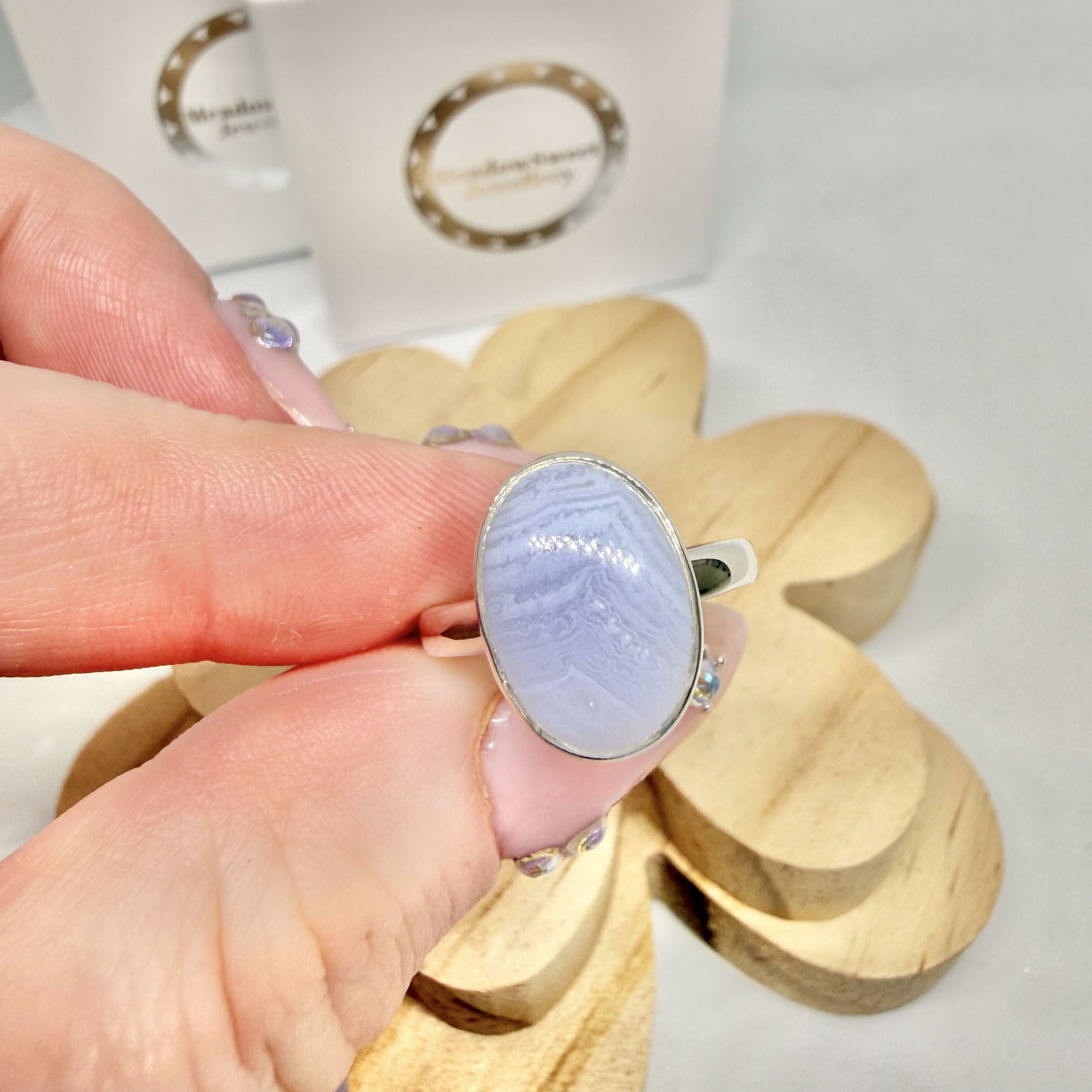BLUE LACE AGATE OVAL RING SIZE N