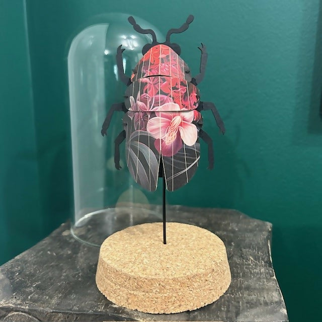 Lovely Glass Dome Featuring A Red & Black Floral 3D Paper Beetle