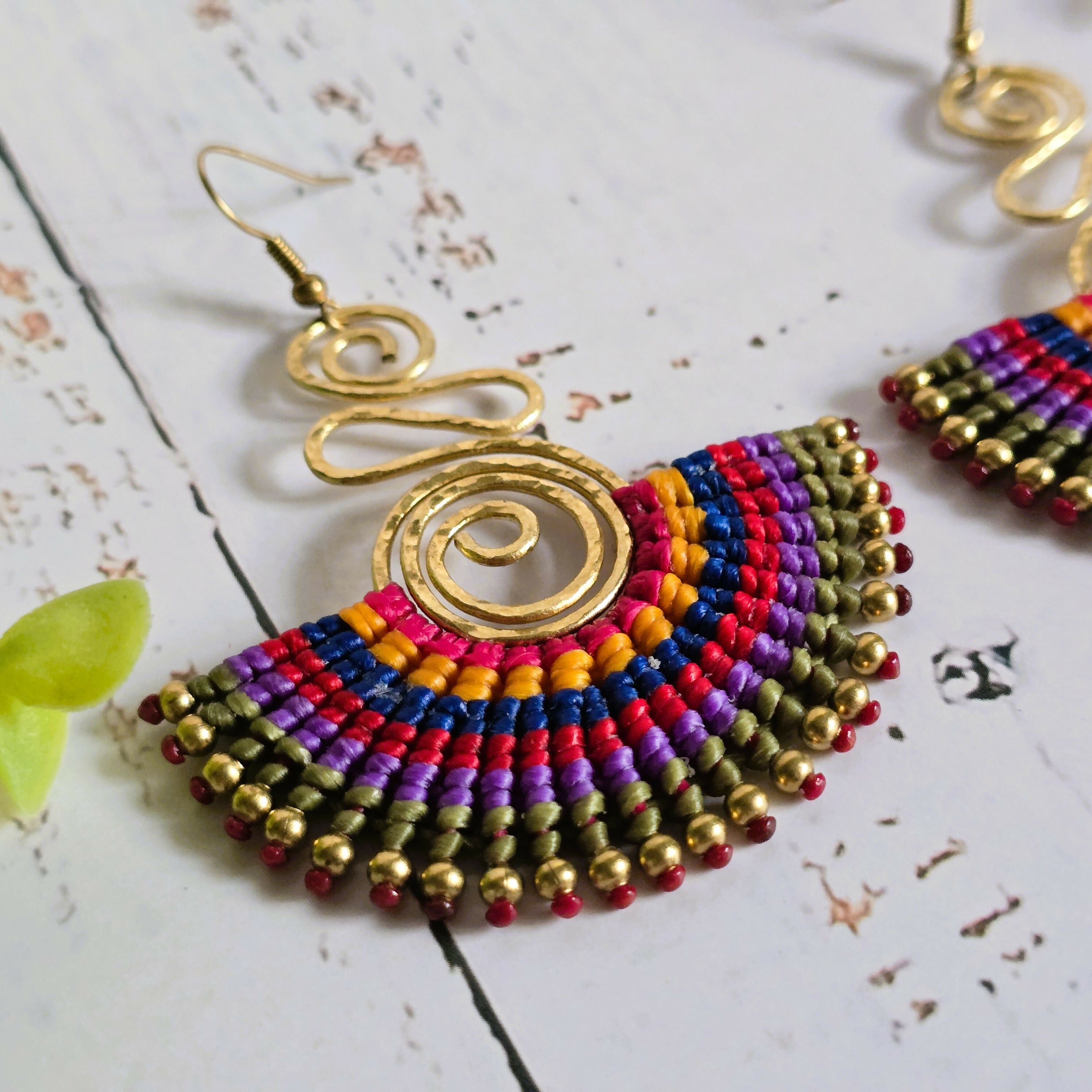 Rainbow Macrame Earrings; Statement Colourful Gold Wire Spiral Exotic Thai Boho Earrings